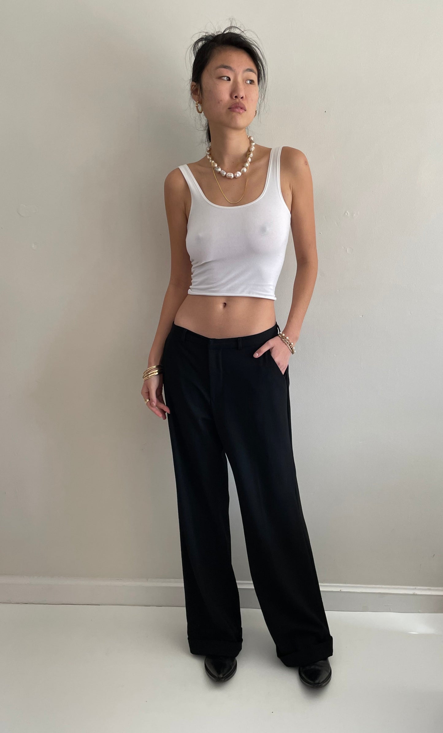 Vintage Y2K Black Wool Flat Front Wide Leg Cuffed Mid Rise Loose Dressy Pants Trousers | Waist size 30 size 6