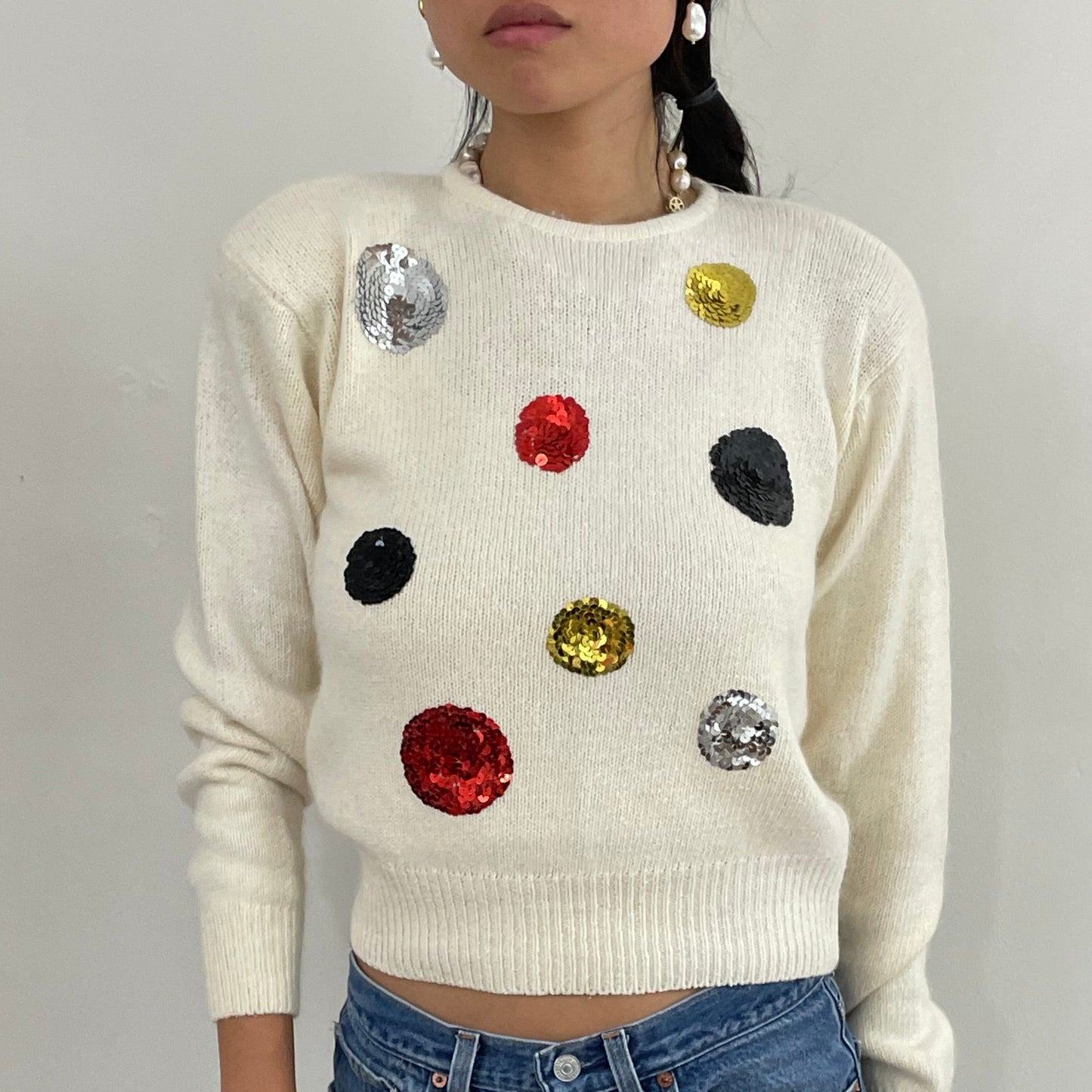 Vintage 90s White Sequins Disco Ball Silk Angora NWT Sweater Med
