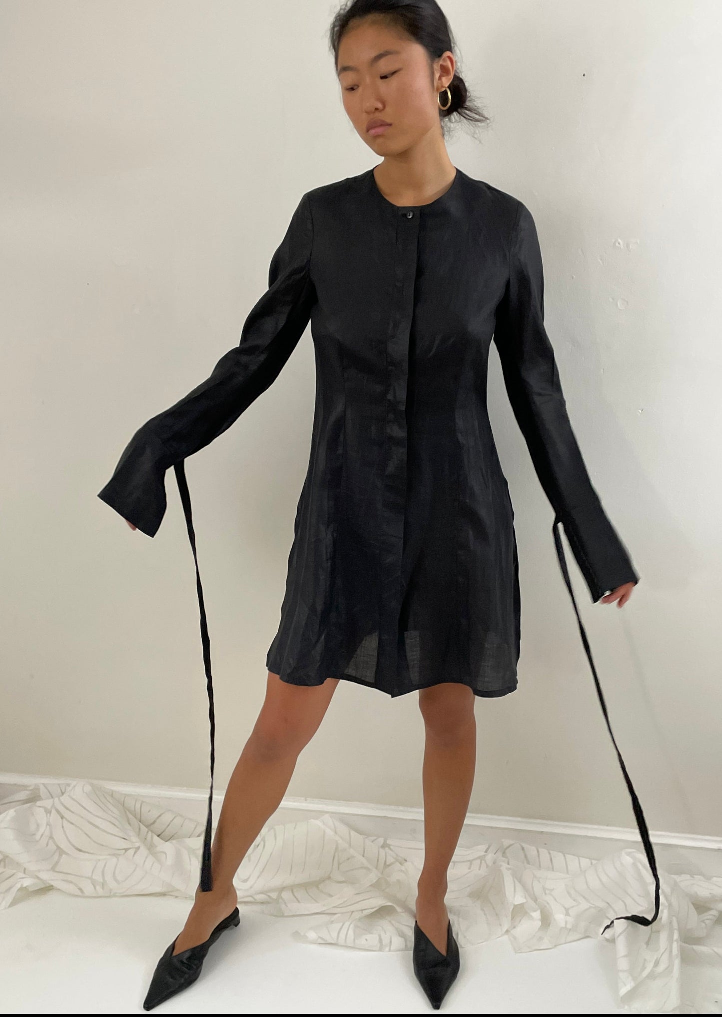 Vintage 100% handkerchief linen avant-garde black shirt dress M