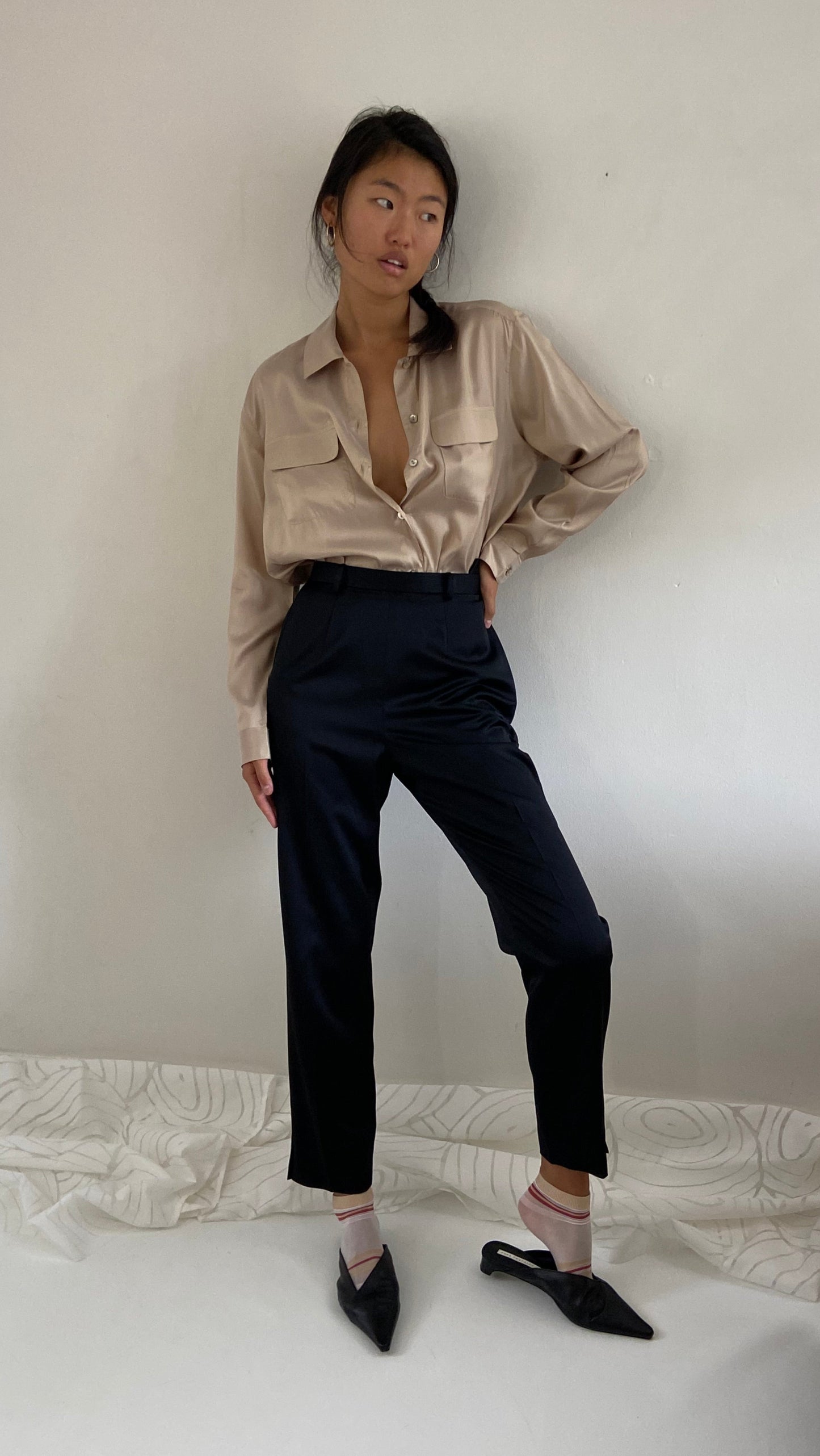 Vintage Black Silk Pants - Duchess Silk High Waisted Flat Front Cigarette Trousers Pants 28 Waist