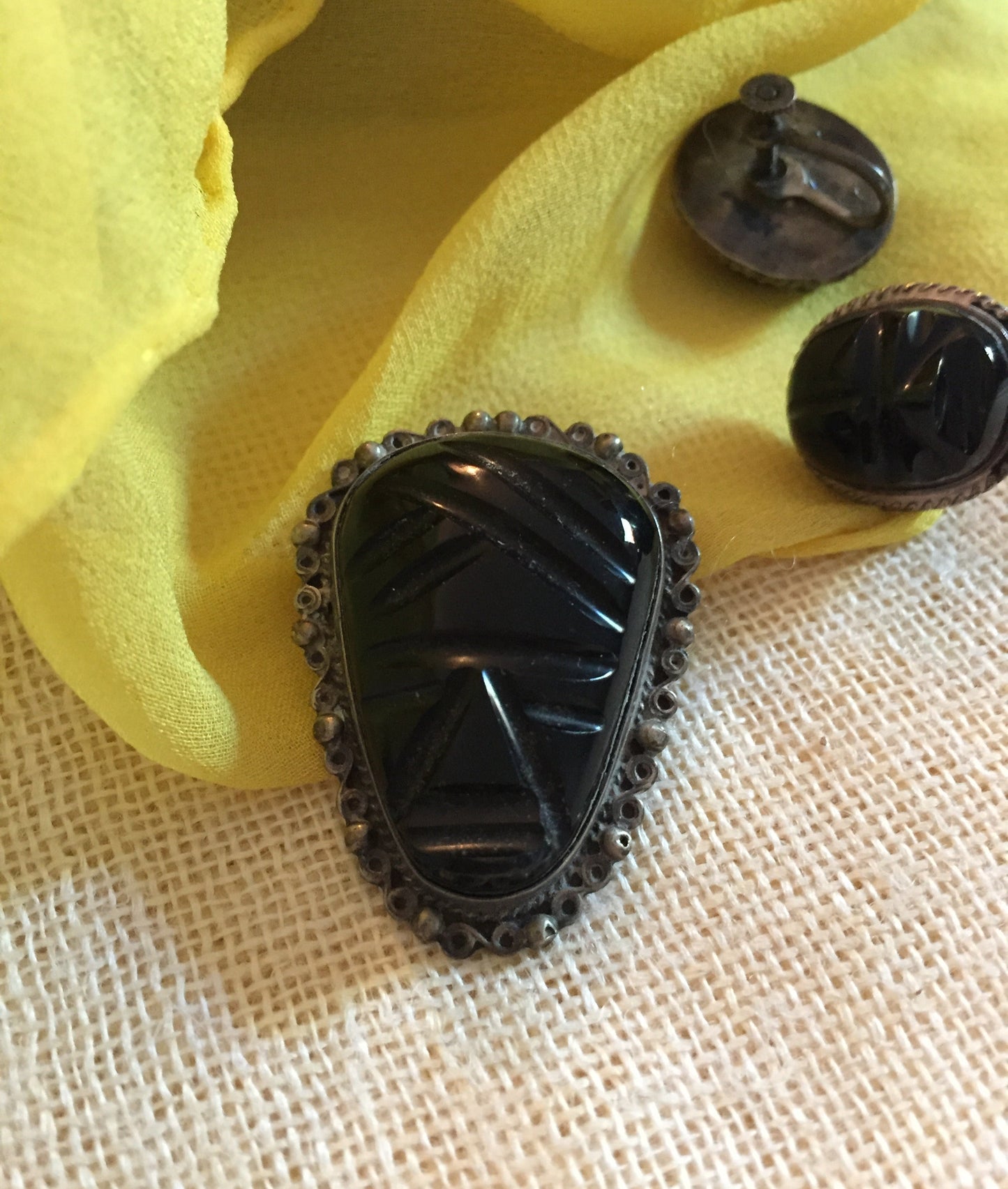Vintage 50s Carved Onyx Earrings + Pin Brooch Matching Set Taxco Hand Crafted in Mexico Sterling Silver Carved Onyx Set