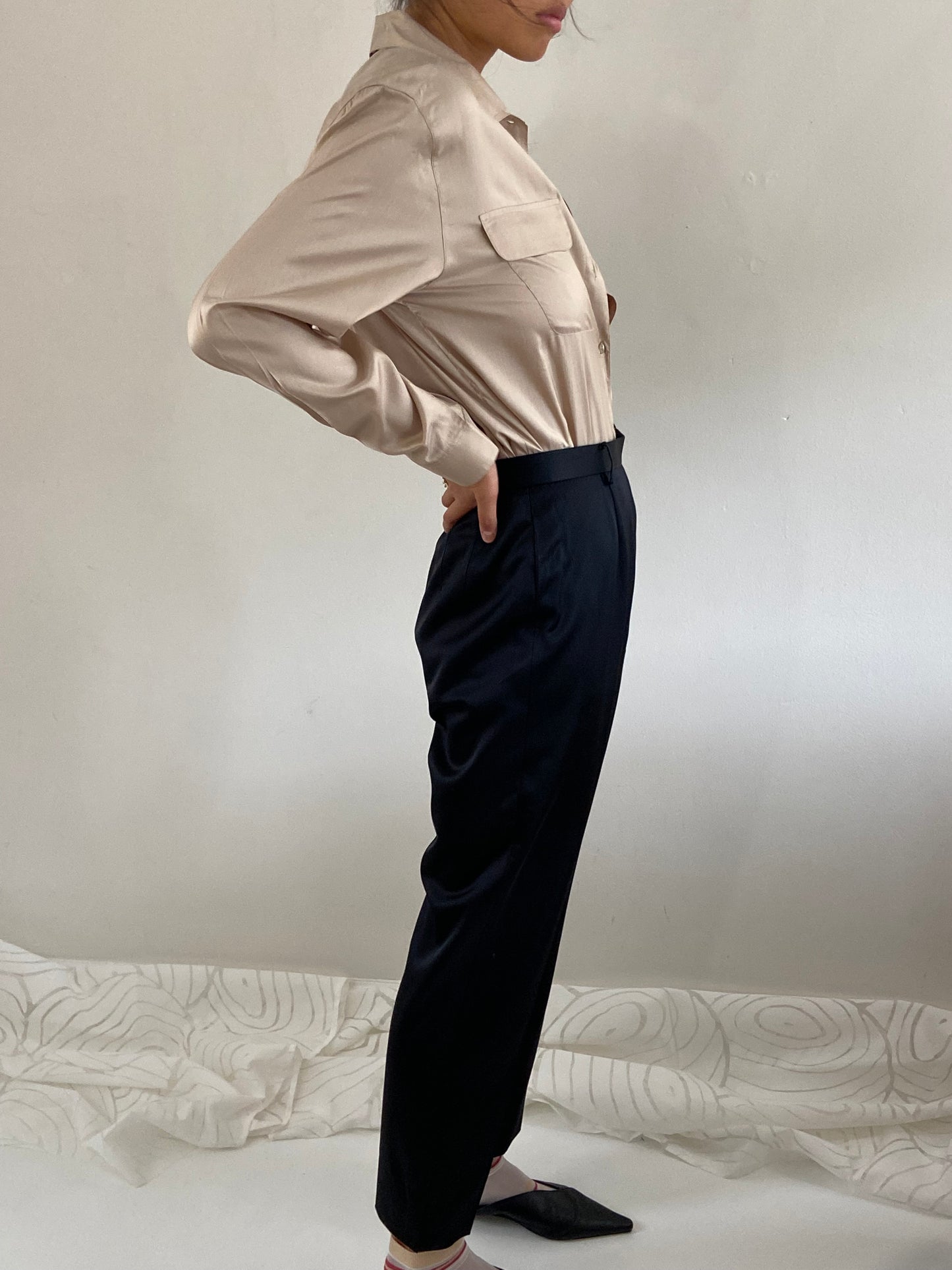 Vintage Black Silk Pants - Duchess Silk High Waisted Flat Front Cigarette Trousers Pants 28 Waist