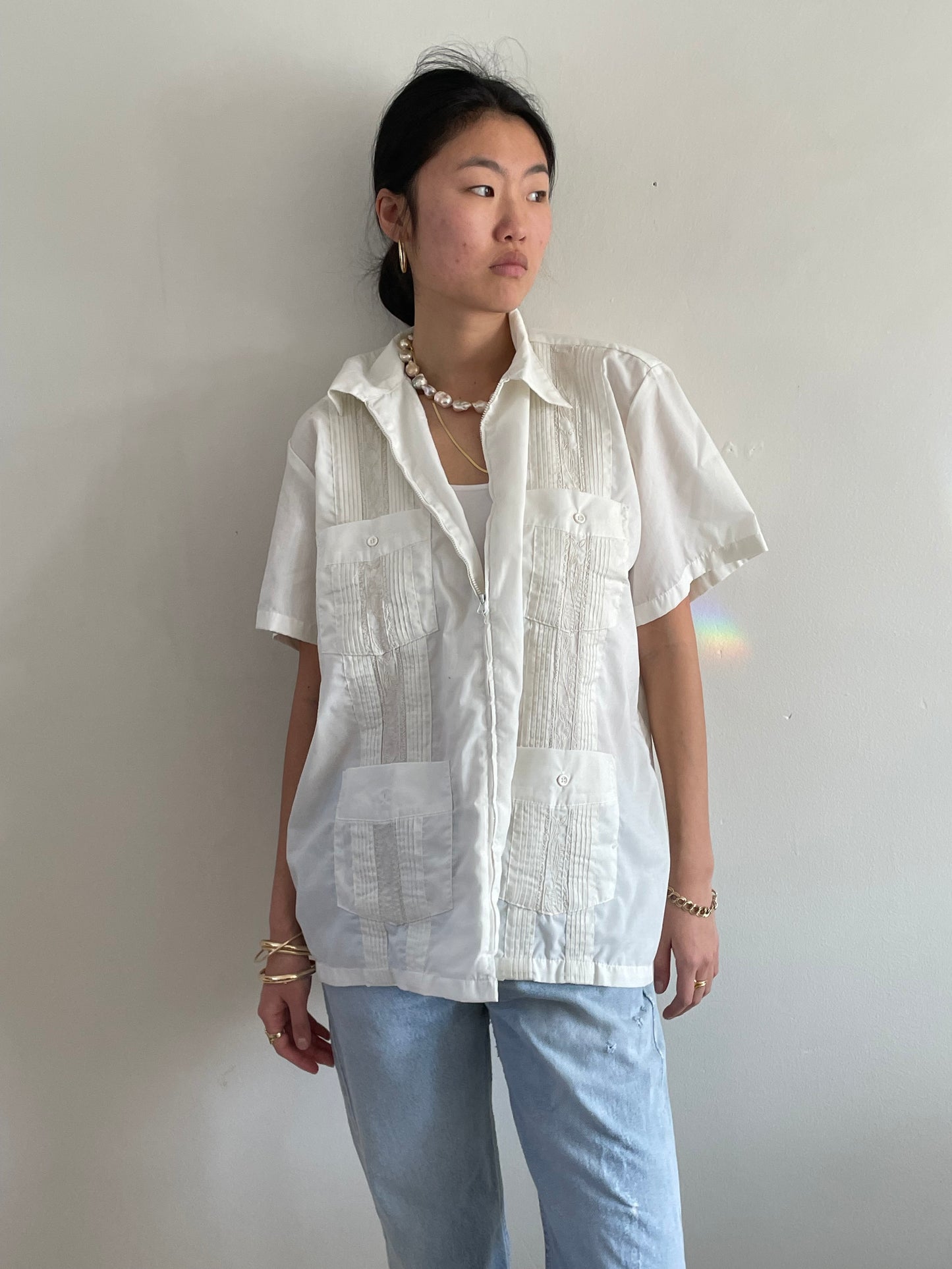 vintage embroidered zip front Haband Guayabera cotton white short sleeve shirt | XL