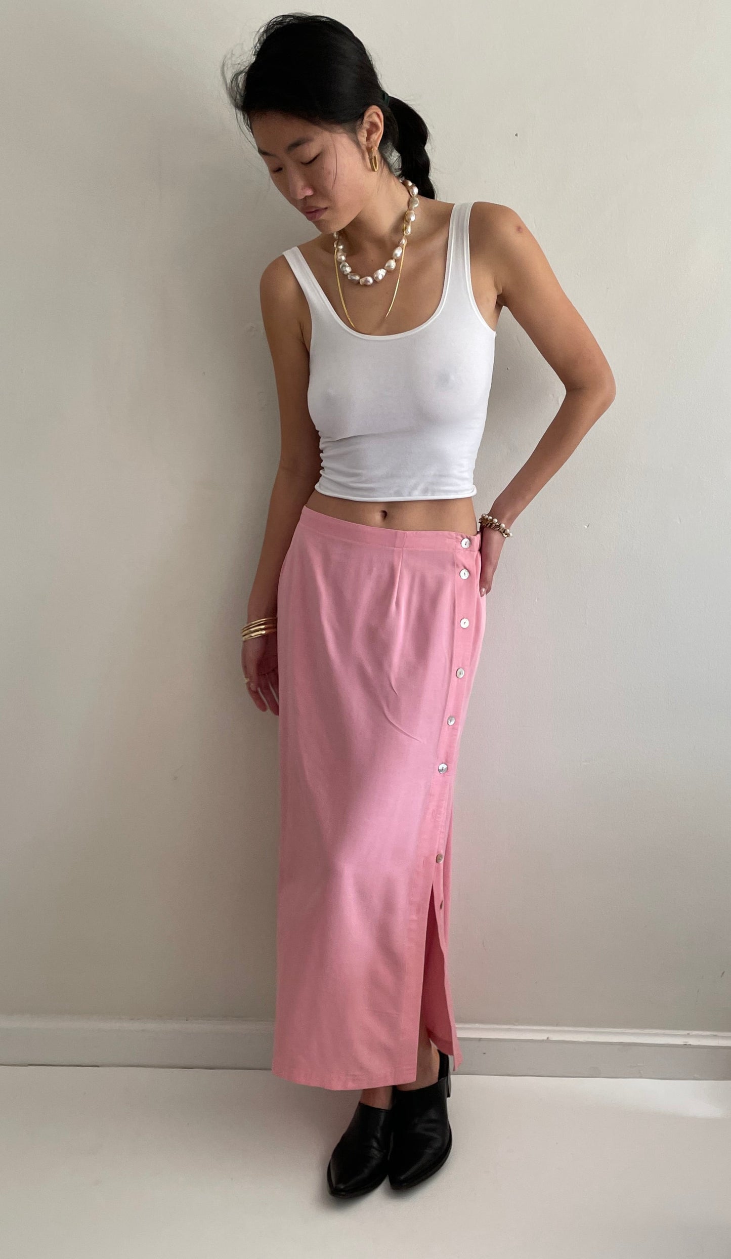vintage 90s pink button front maxi skirt
