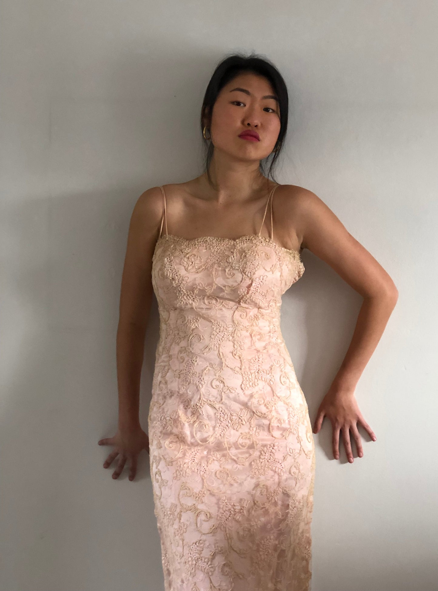 vintage 50s 60s chantilly lace strapless wiggle mermaid light blush pink gown maxi wedding guest dress