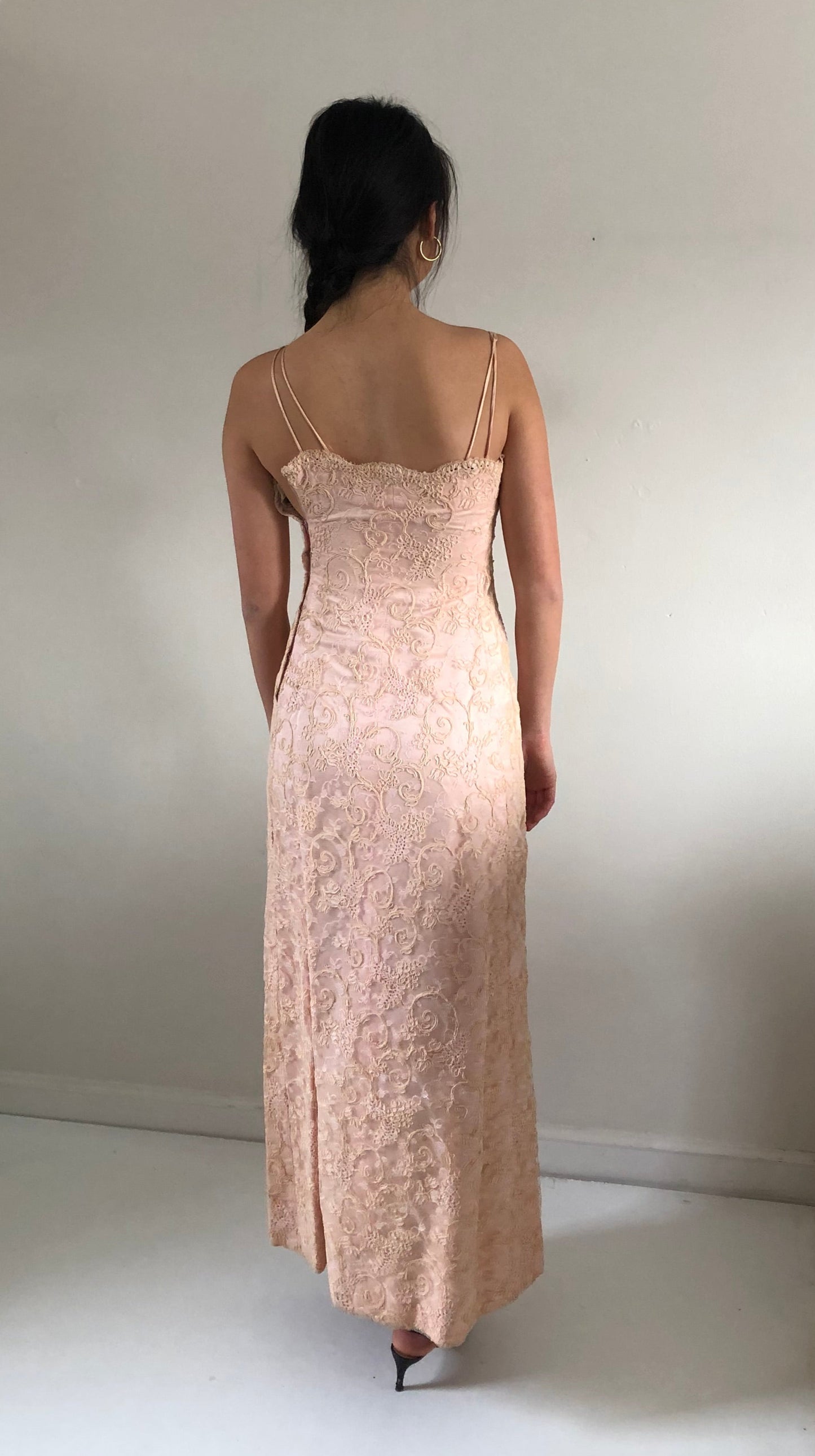 vintage 50s 60s chantilly lace strapless wiggle mermaid light blush pink gown maxi wedding guest dress