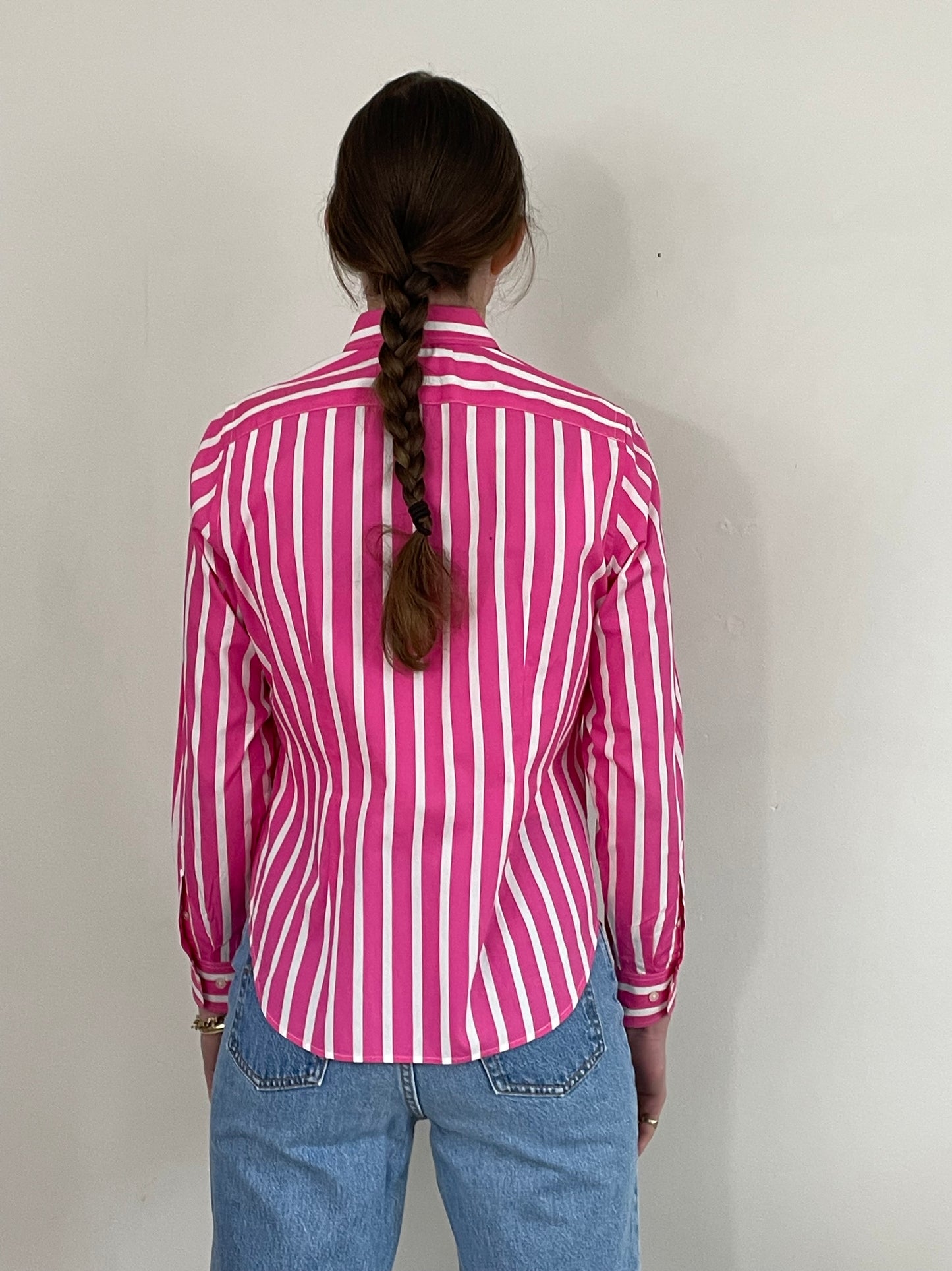 vintage Ralph Lauren hot pink white striped 100% cotton RL petite cropped pinstripe blouse Small