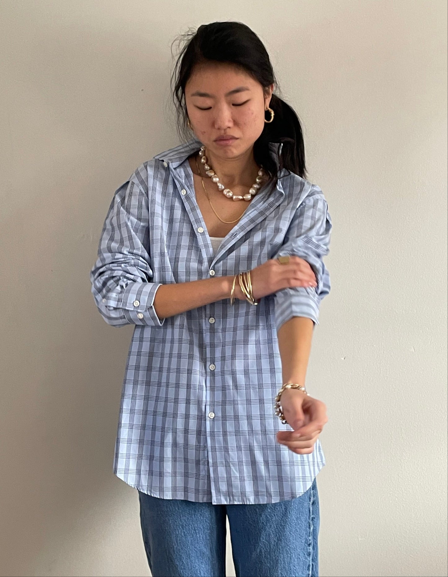 Vintage 90s Perry Ellis Boyfriend Shirt | ice blue checked plaid 100 cotton button down shirt blouse | Large