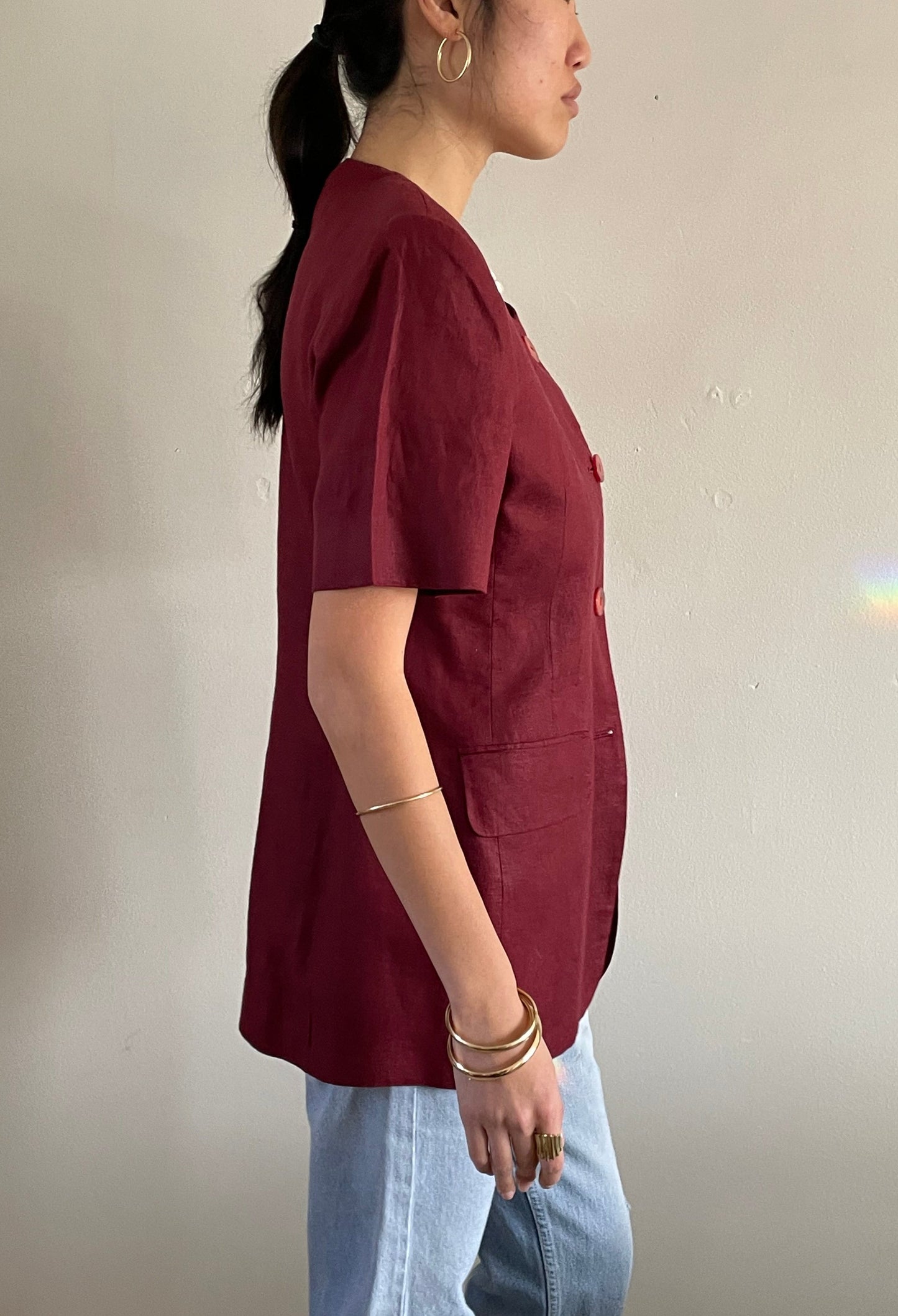 vintage oxblood burgundy linen short sleeve long line blazer Medium