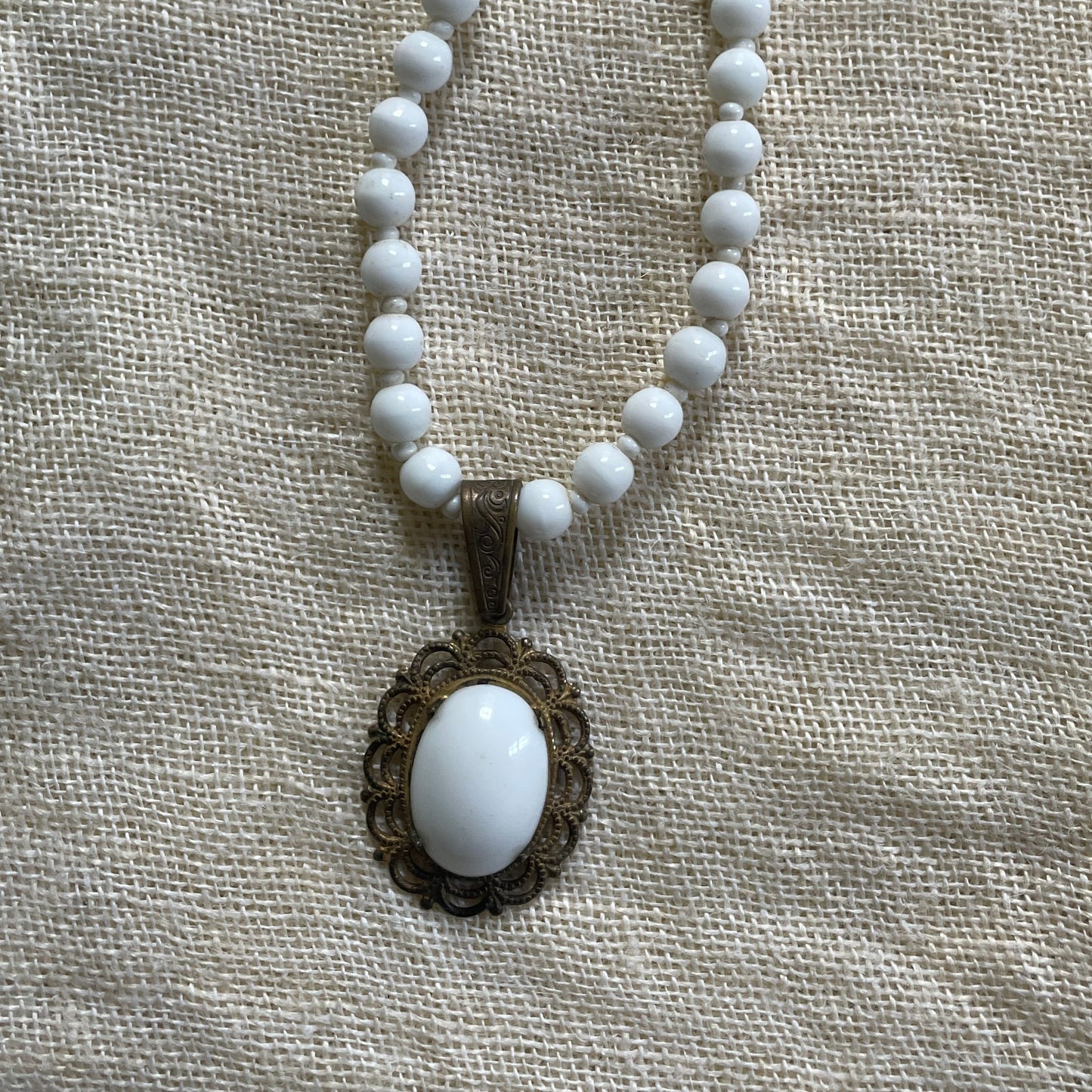 Vintage Miriam Haskell White Milk Glass Beaded Choker Pendant Necklace signed 50s Miram Haskell Jewelry