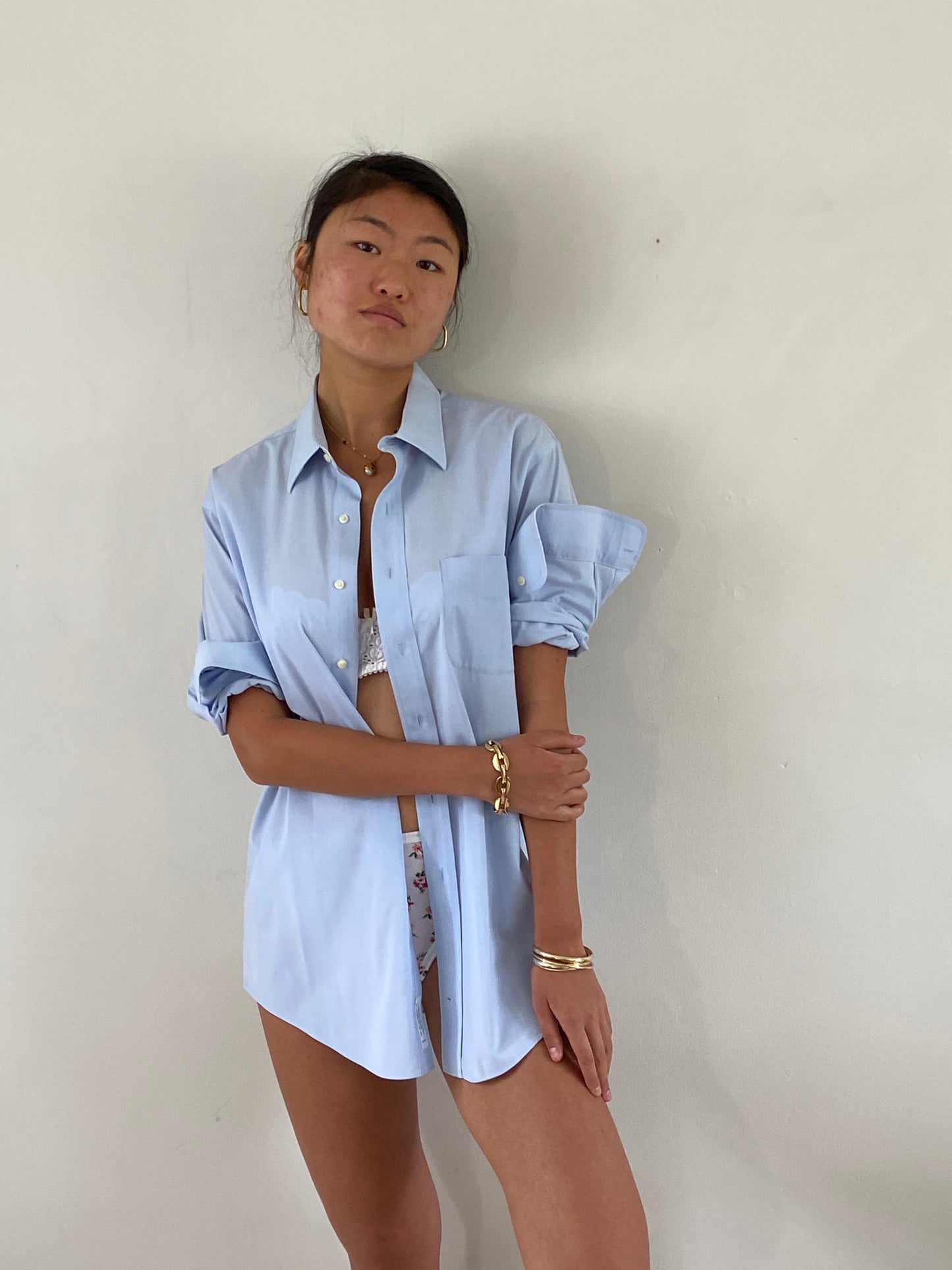 vintage 70s cotton ice blue boyfriend button down menswear shirt | Large