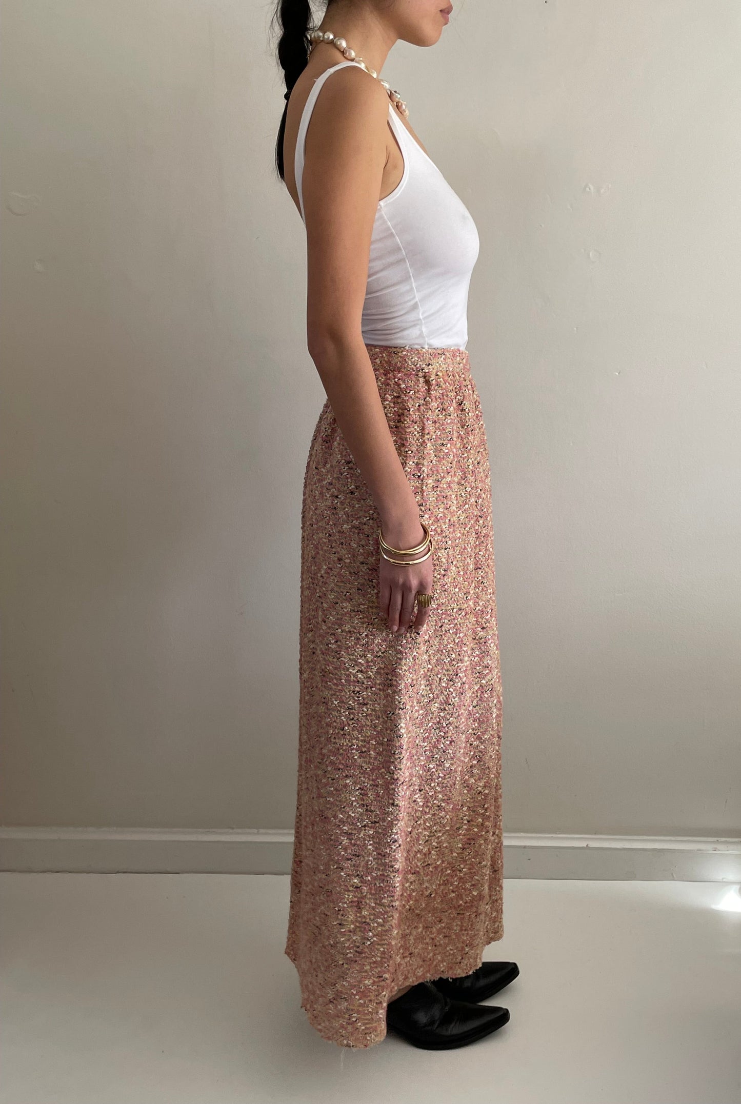 vintage 70s pink nubby boucle wool tweed handmade maxi skirt | Waist size 26
