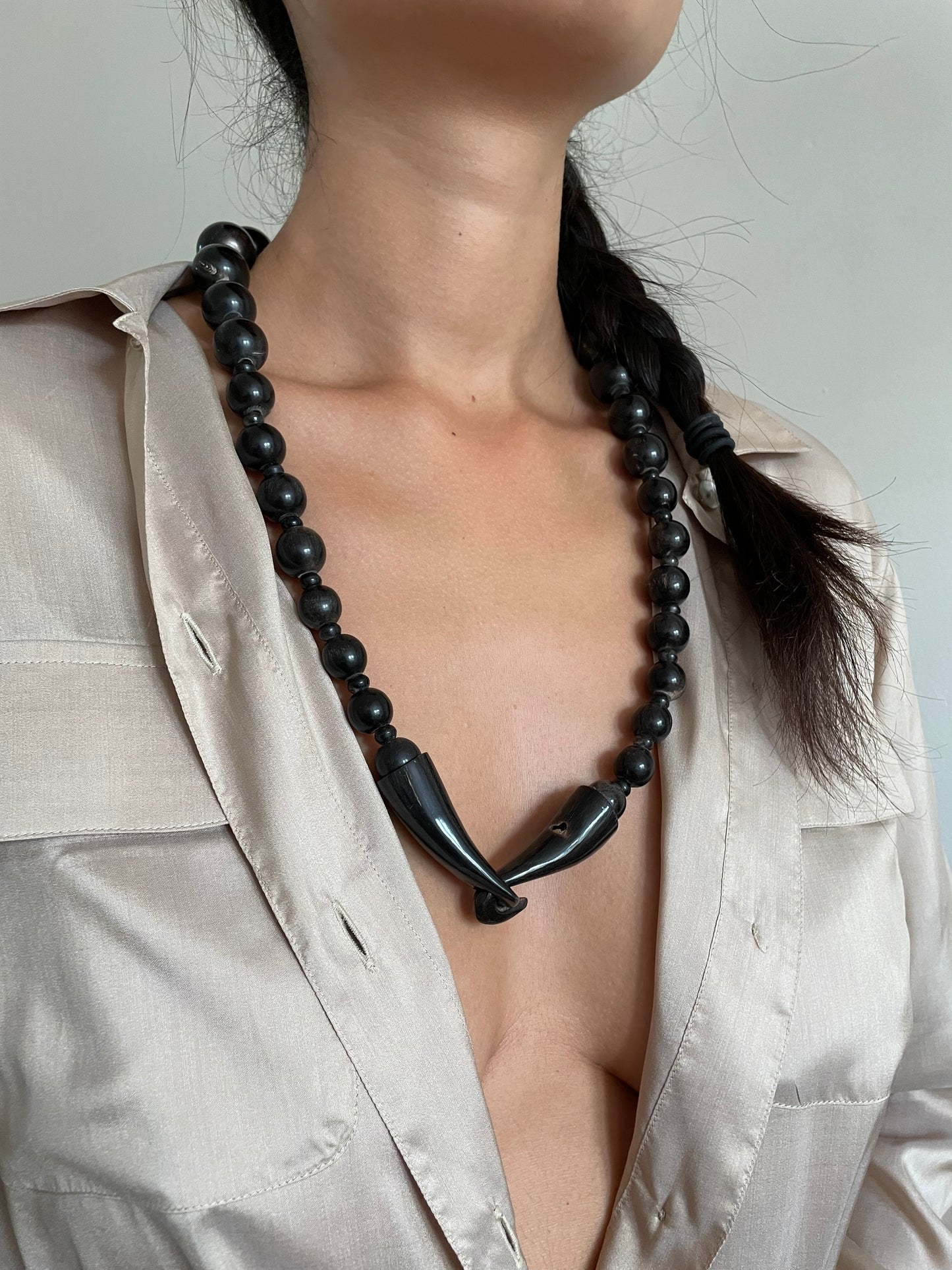 Vintage Monies by Gerda Lynggaard polished horn bead 30" modernist Scandinavian style statement necklace + horn hook clasp jewelry