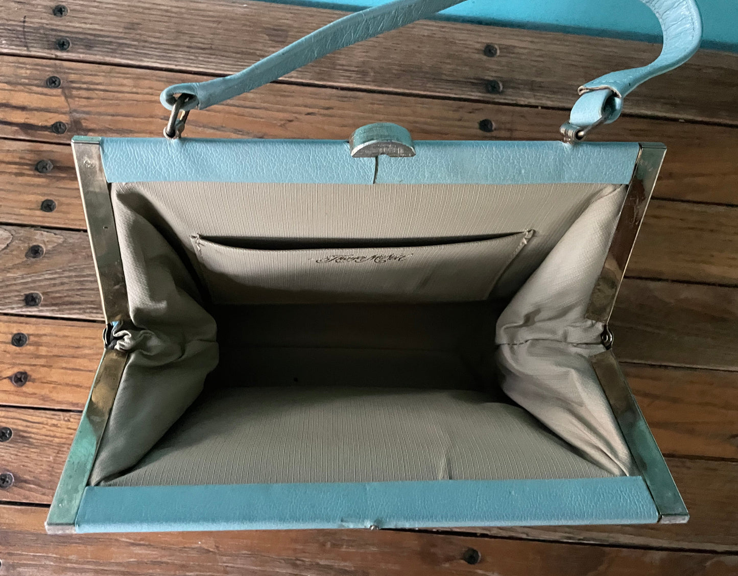 Vintage baby blue top handle 60s Thayer McNeil faux leather vinyl box purse handbag made in USA