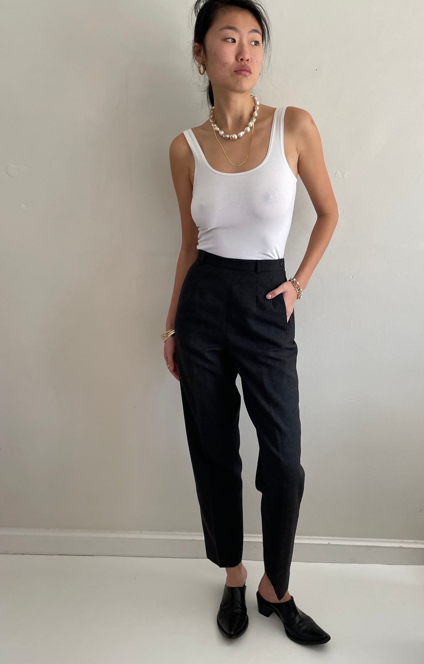 Vintage 90s Wool Pants | Charcoal Gray Flat Front Straight Cigarette Leg Pants | 26 Waist