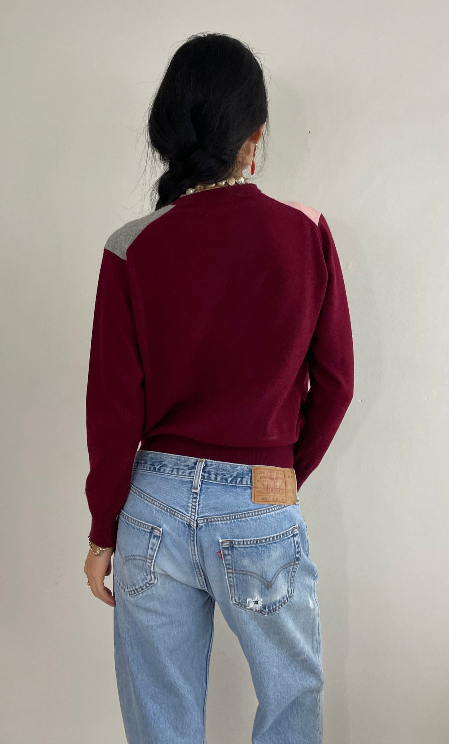 Vintage 100% Cashmere Intarsia Knit Crewneck Pullover Wine Pink Gray ColorBlock Medium