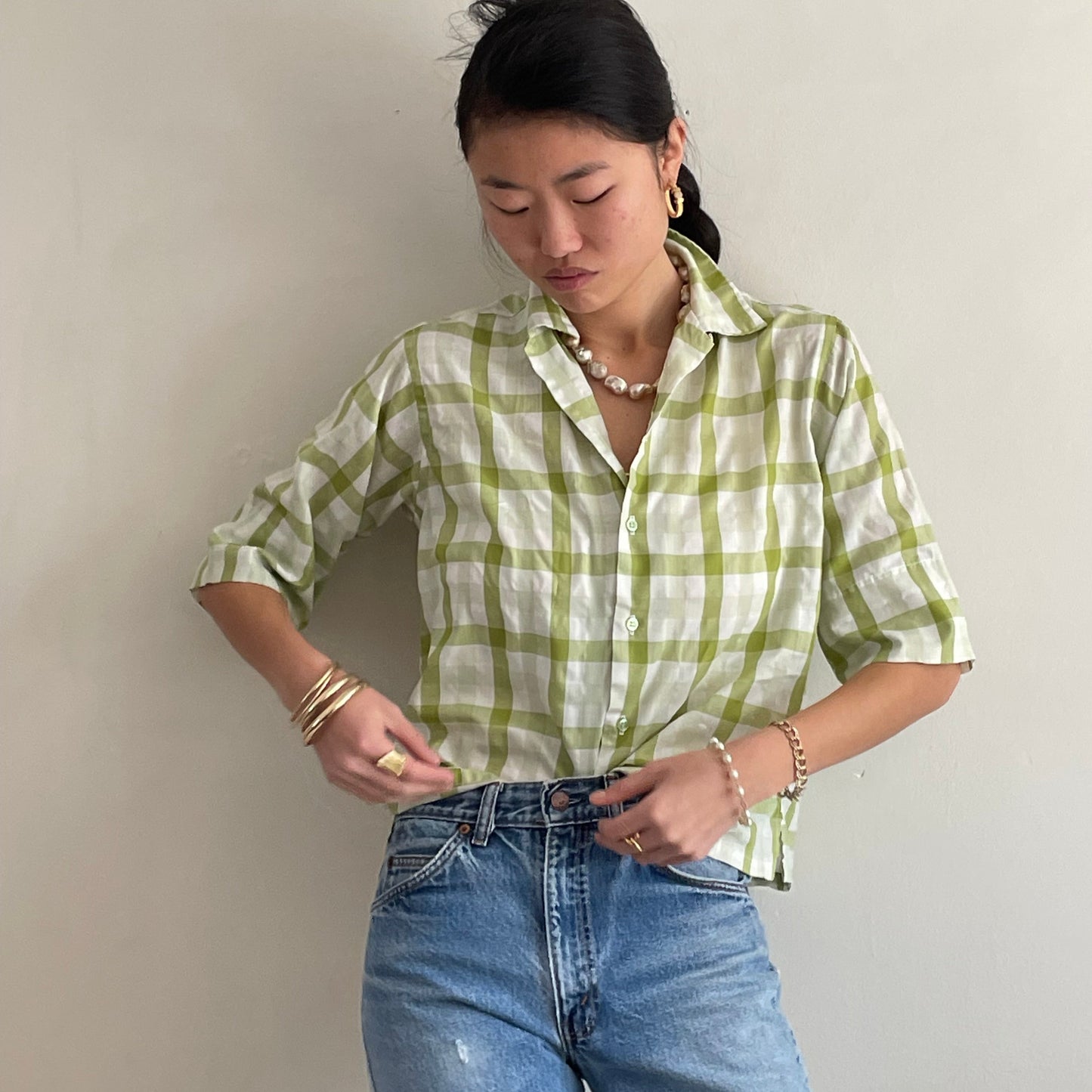 60s vintage plaid blouse / lime + olive moss green plaid elbow sleeve cropped blouse | Medium
