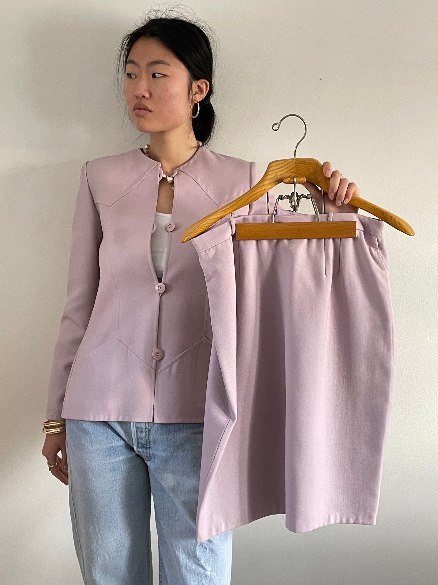 vintage André Laug Haute Couture lavender wool blazer and skirt suit
