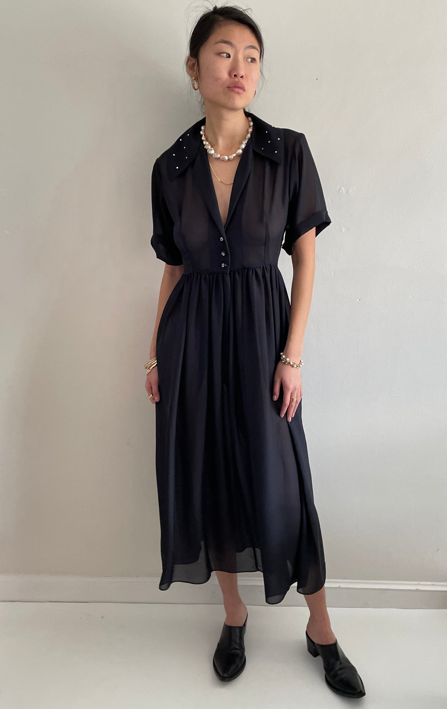 vintage 60s black sheer chiffon cocktail wedding guest midi dress Medium
