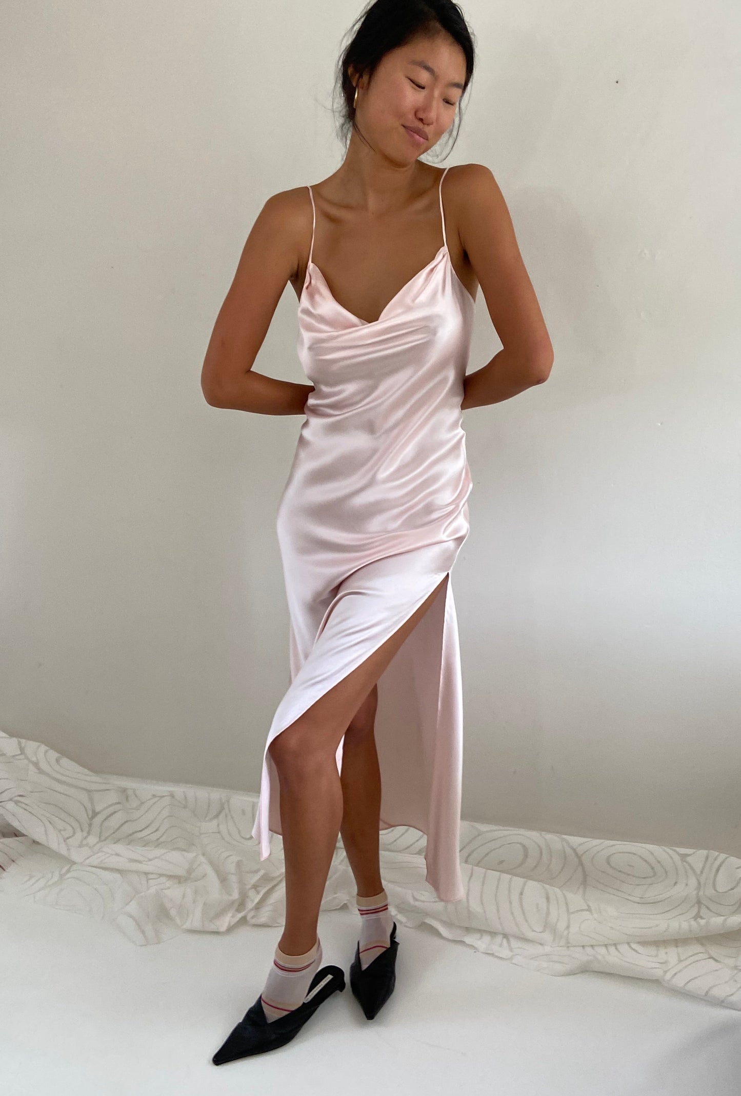 vintage 90s 100% silk charmeuse blush pink maxi slip wedding guest dress M/L