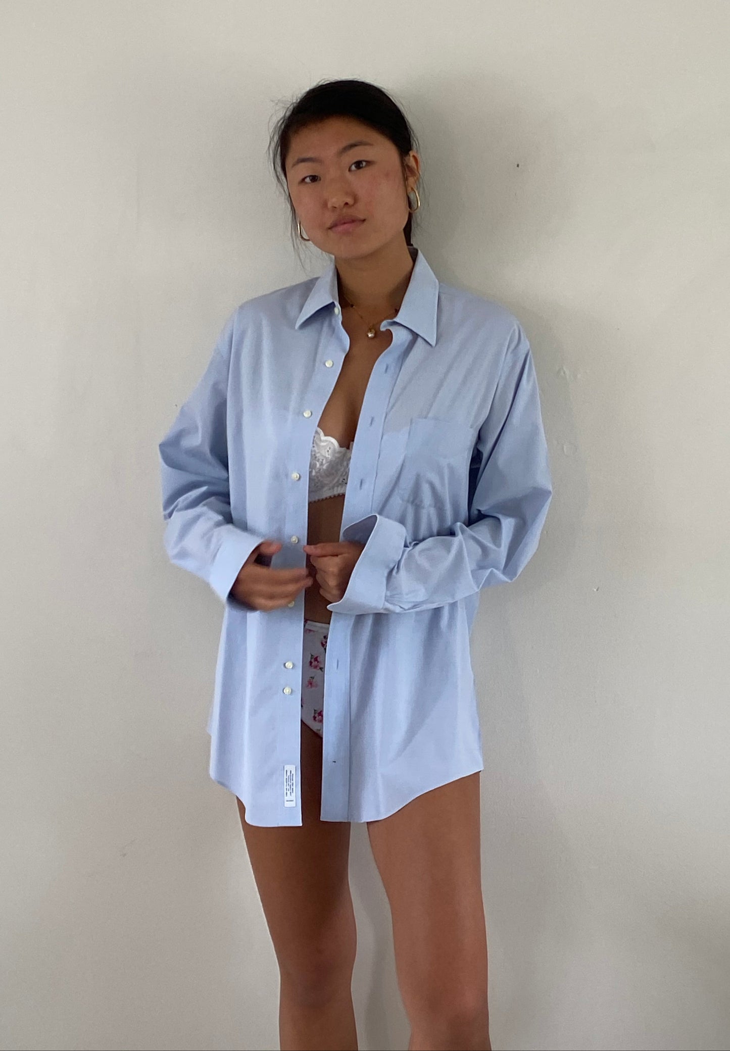 vintage 70s cotton ice blue boyfriend button down menswear shirt | Large