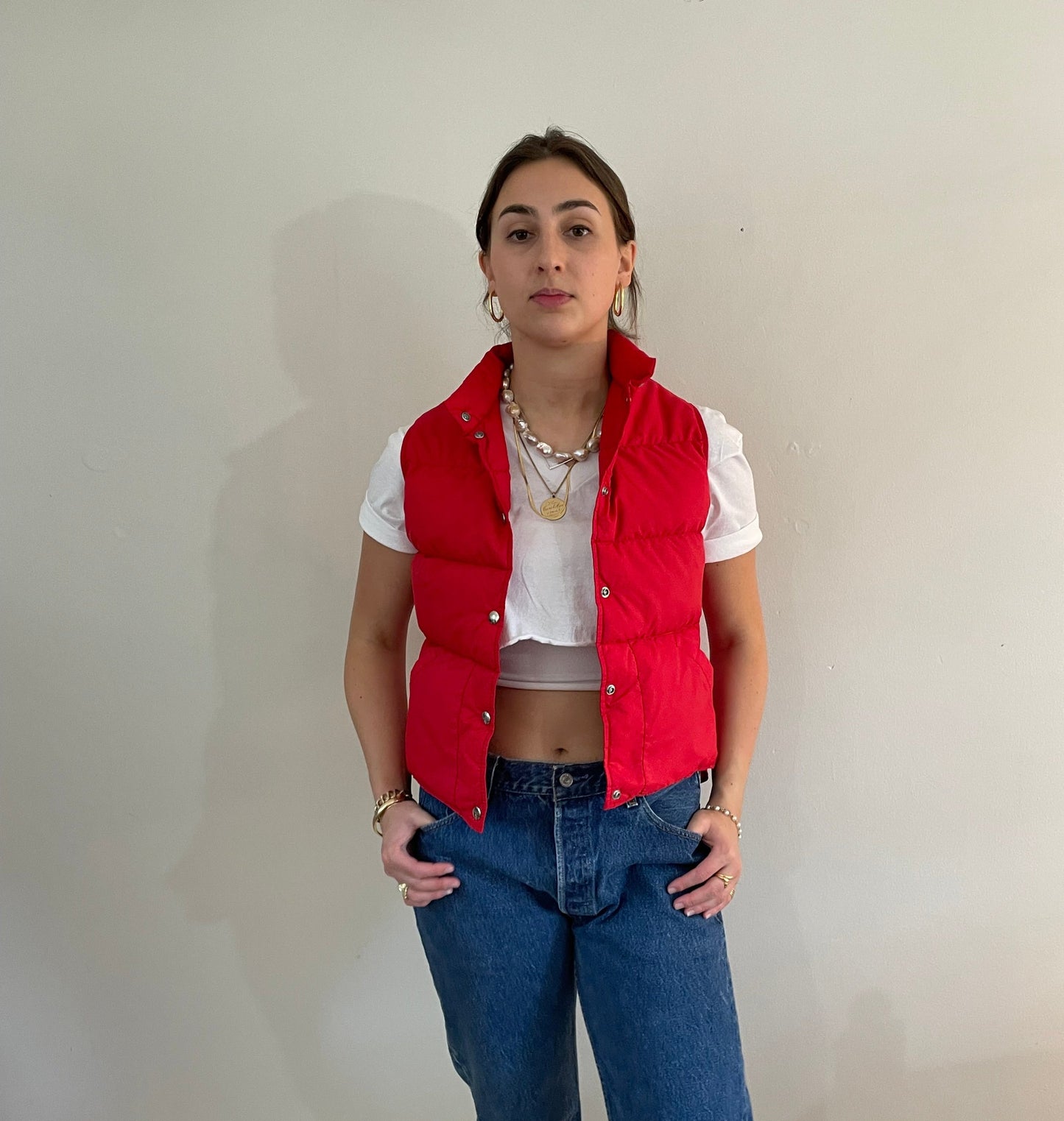 vintage 70s LL Bean goose down cherry red puffy womens vest | Cursive snap front cropped puffer Small
