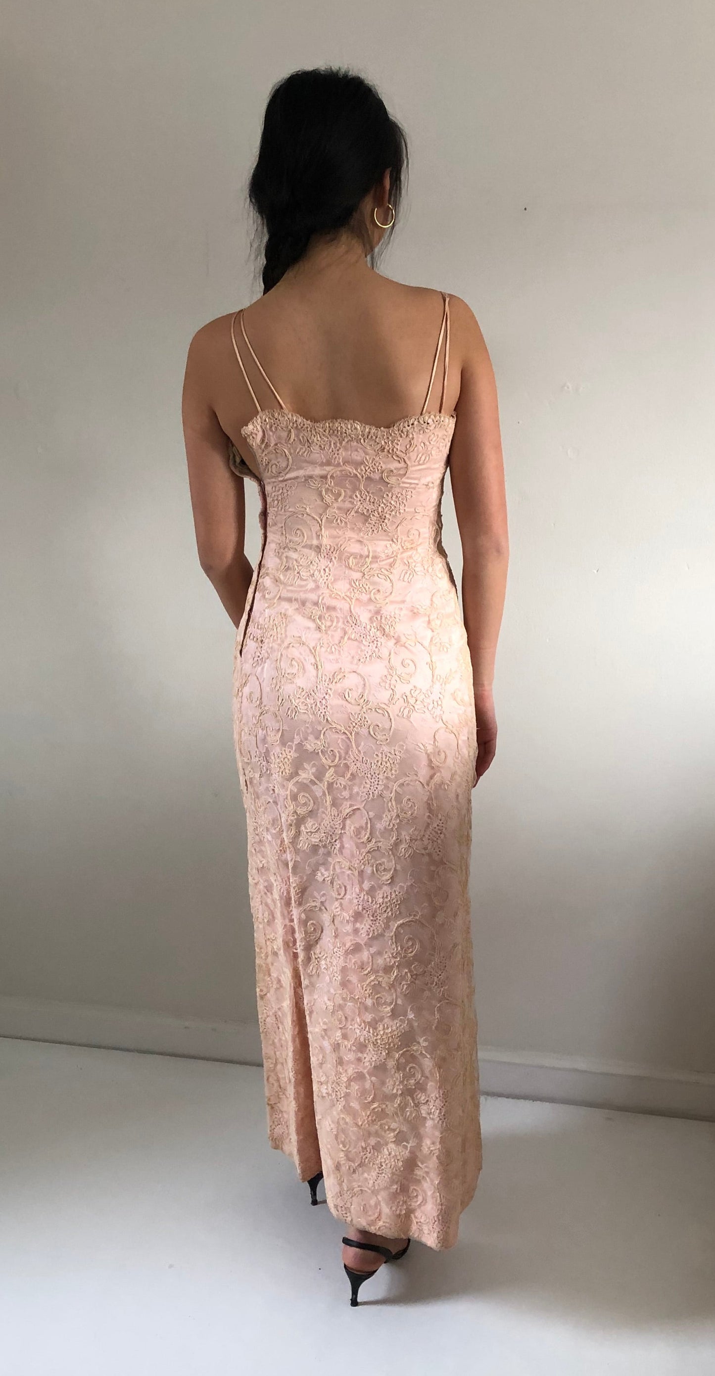 vintage 50s 60s chantilly lace strapless wiggle mermaid light blush pink gown maxi wedding guest dress