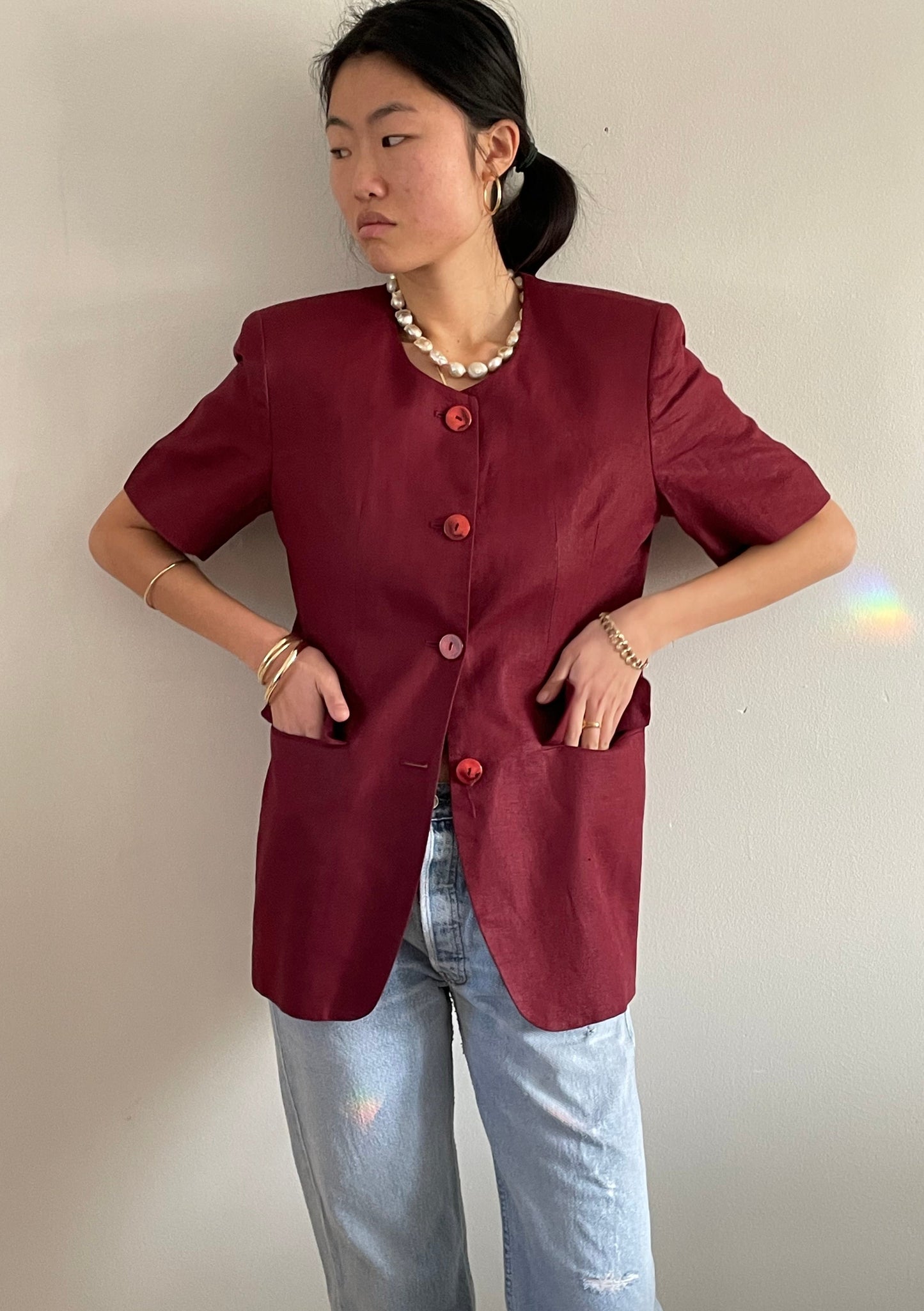 vintage oxblood burgundy linen short sleeve long line blazer Medium
