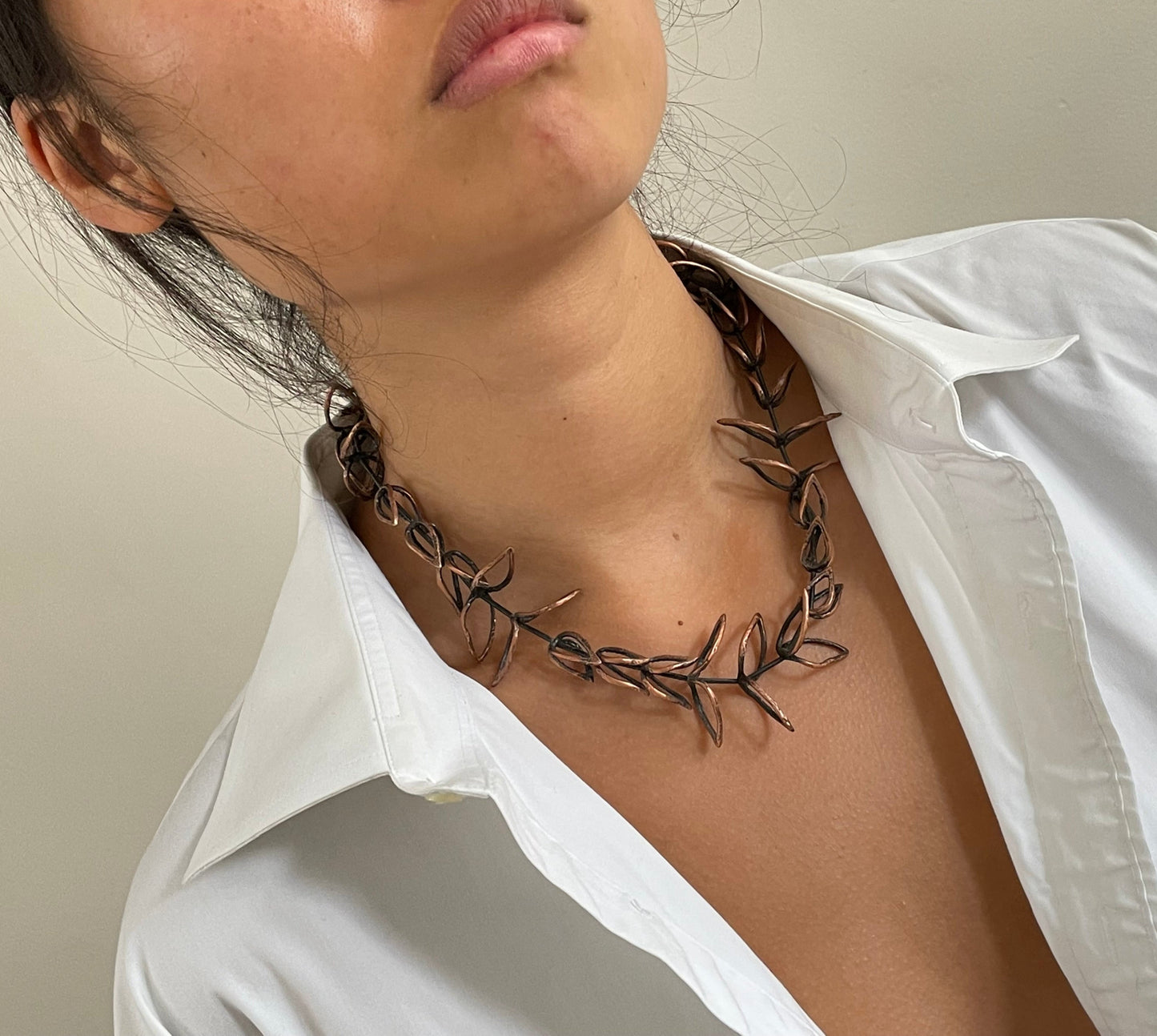 Vintage Handcrafted Copper Leaf Twig Branch Brutalist Necklace Jewelry