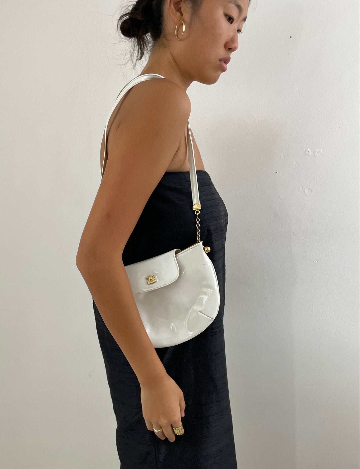 Vintage 60s Marchessa white patent leather shoulder clutch handbag shoulder purse