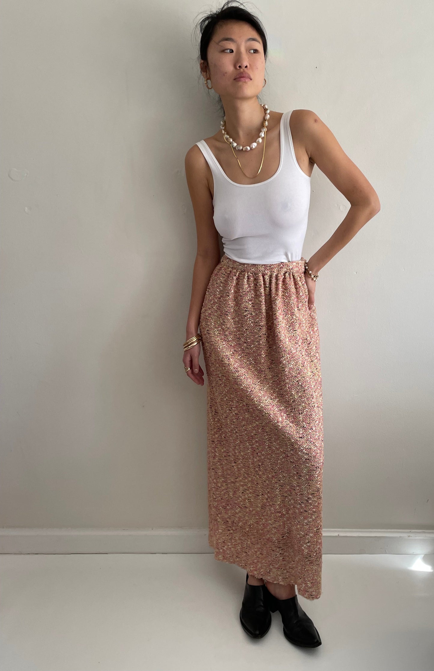 vintage 70s pink nubby boucle wool tweed handmade maxi skirt | Waist size 26