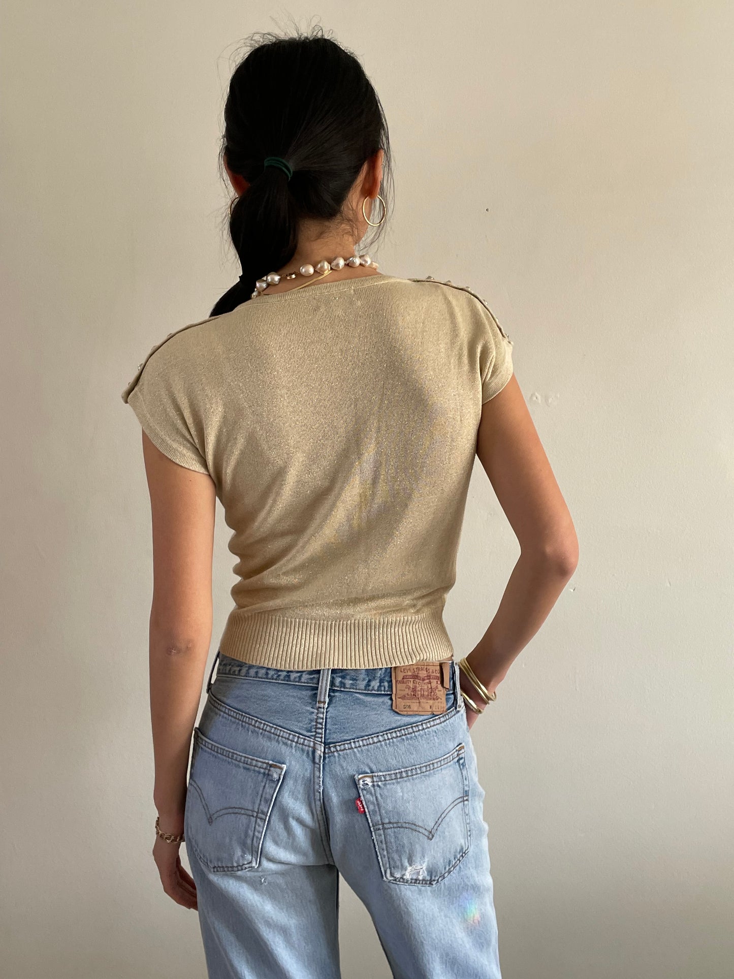 vintage gold knit cropped tee t-shirt shoulder button sweater Medium