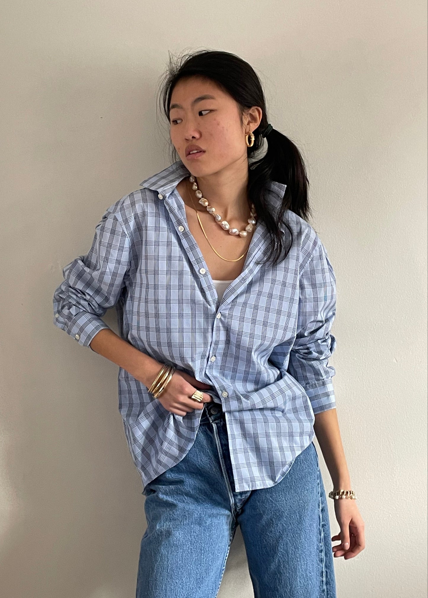 Vintage 90s Perry Ellis Boyfriend Shirt | ice blue checked plaid 100 cotton button down shirt blouse | Large