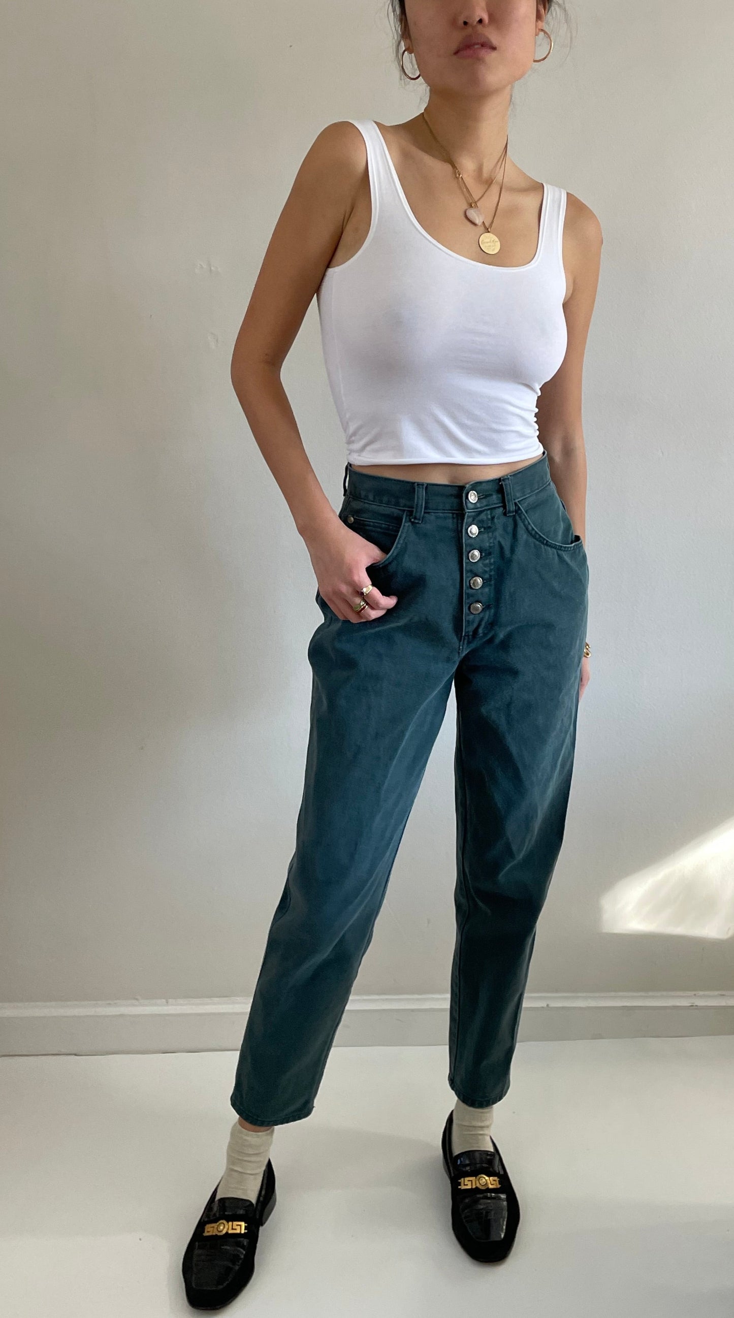 vintage 90s green high waisted button fly jeans levis