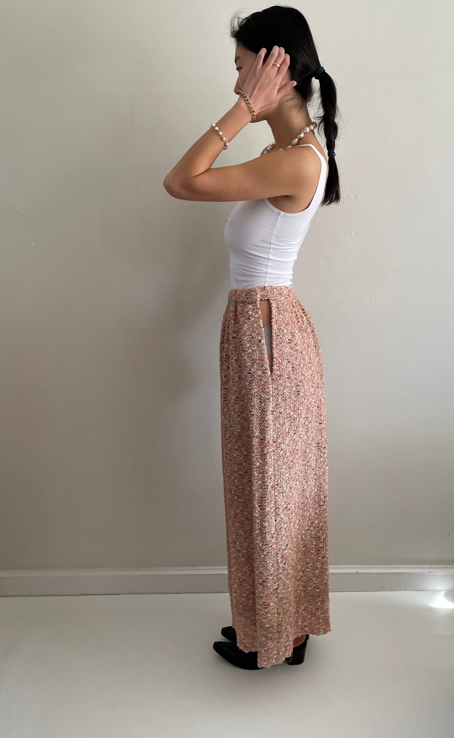 vintage 70s pink nubby boucle wool tweed handmade maxi skirt | Waist size 26
