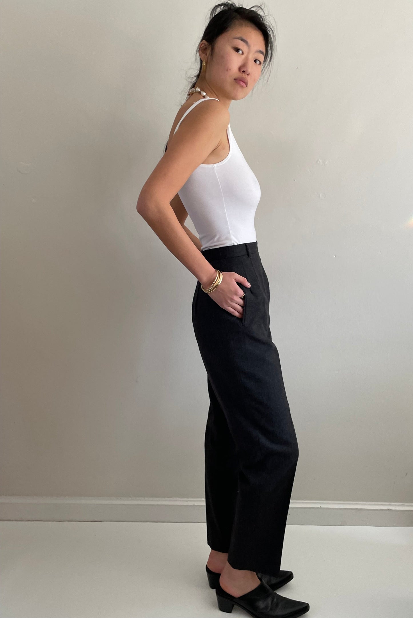 Vintage 90s Wool Pants | Charcoal Gray Flat Front Straight Cigarette Leg Pants | 26 Waist