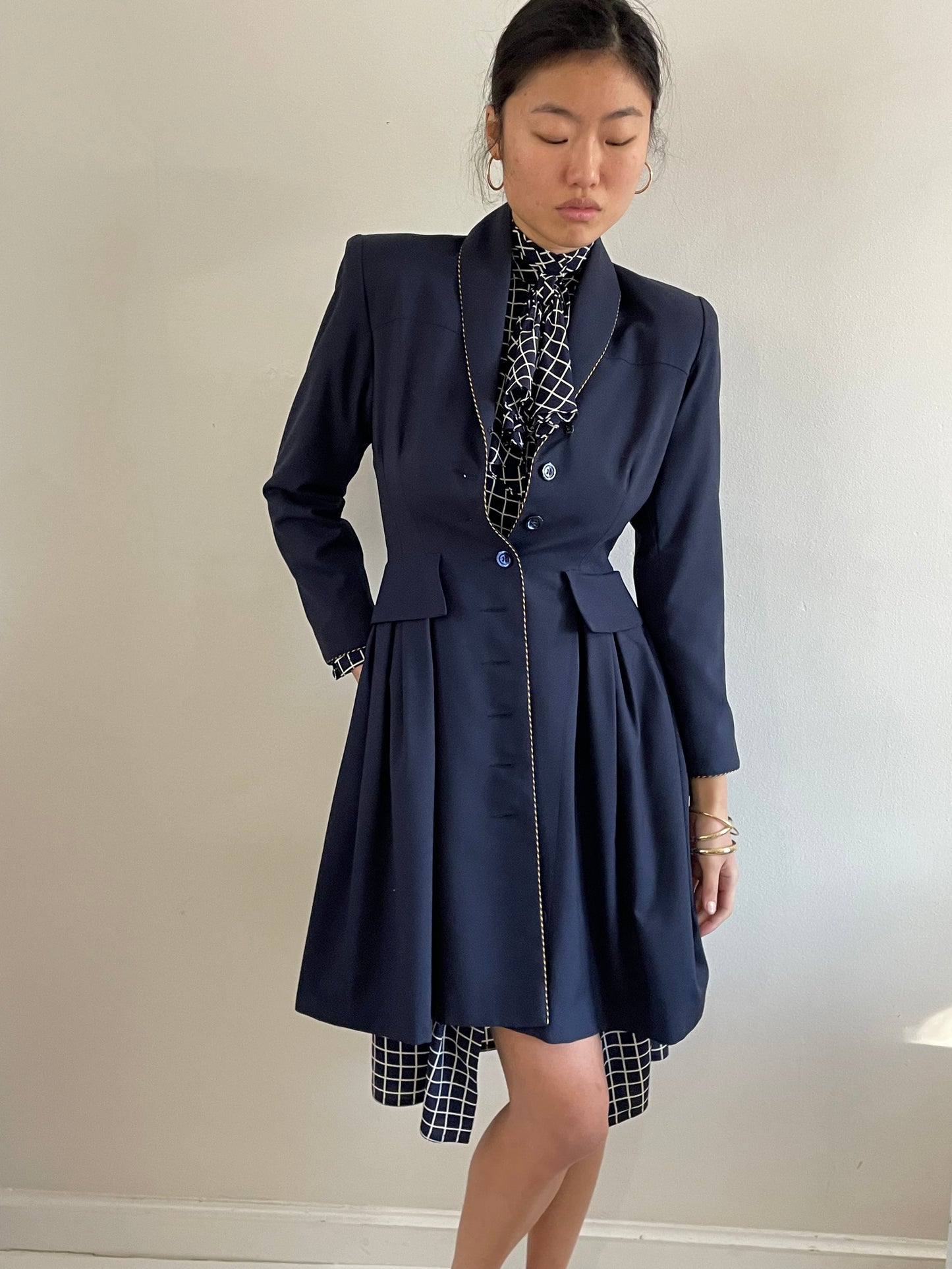 vintage Myrene de Premonville couture midnight blue nipped waist long line all season wool blazer
