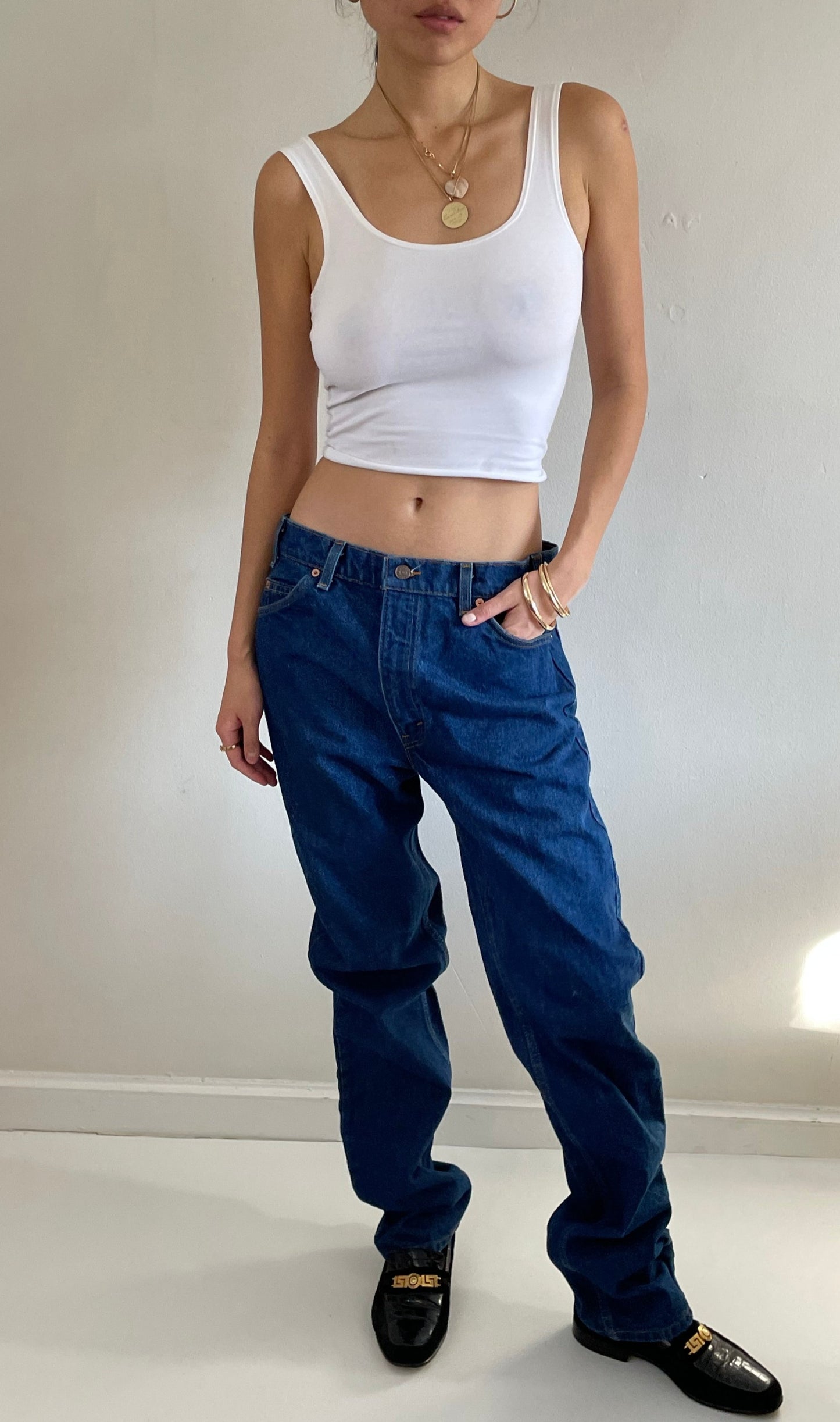 vintage Levi's 505 orange tab dark wash slouchy baggy zipper fly boyfriend tall Levis jeans size 34