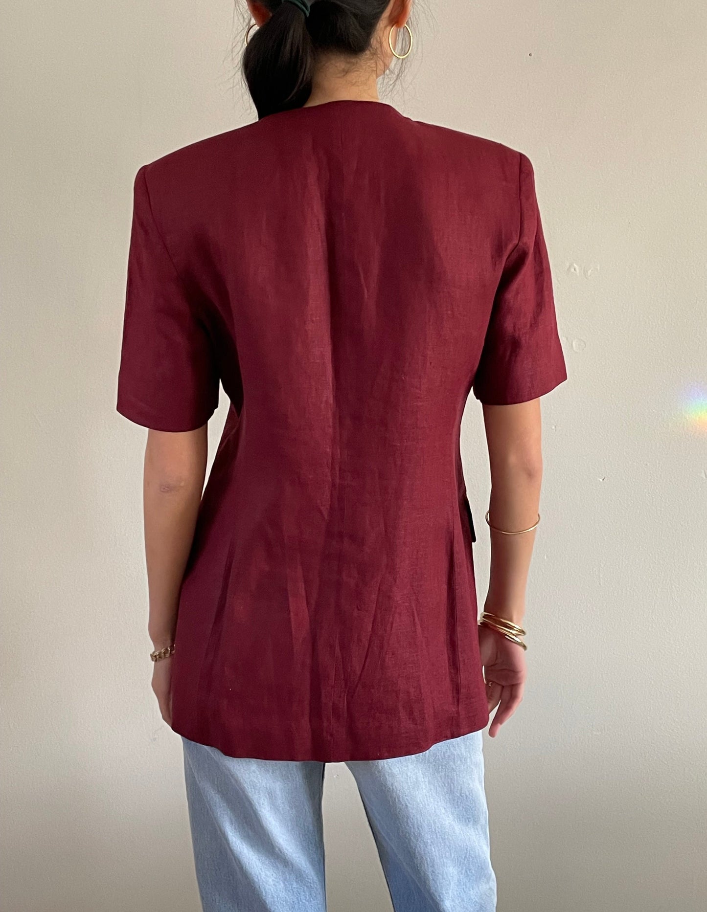vintage oxblood burgundy linen short sleeve long line blazer Medium
