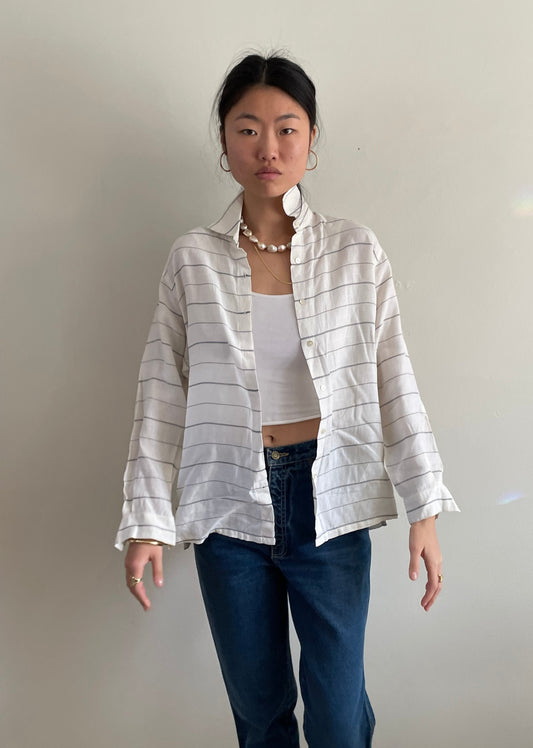 vintage white linen blouse / horizontal striped beach blouse Medium
