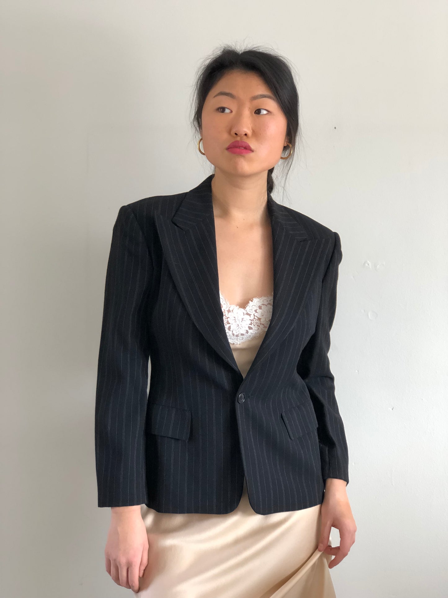 Vintage 90s Ralph Lauren Collection Cropped Pinstripe Black Wool Blazer | Purple Label USA size 10