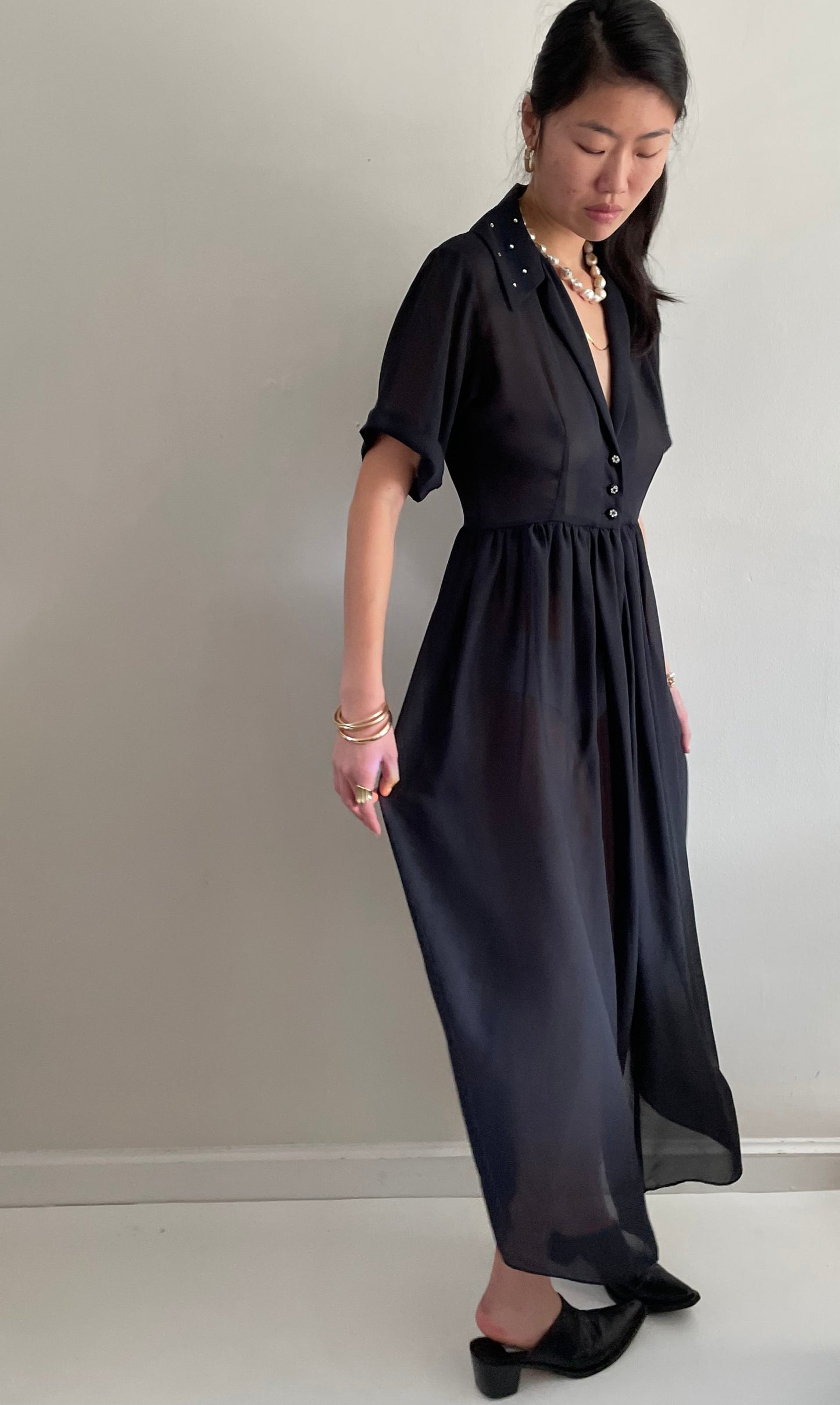vintage 60s black sheer chiffon cocktail wedding guest midi dress Medium
