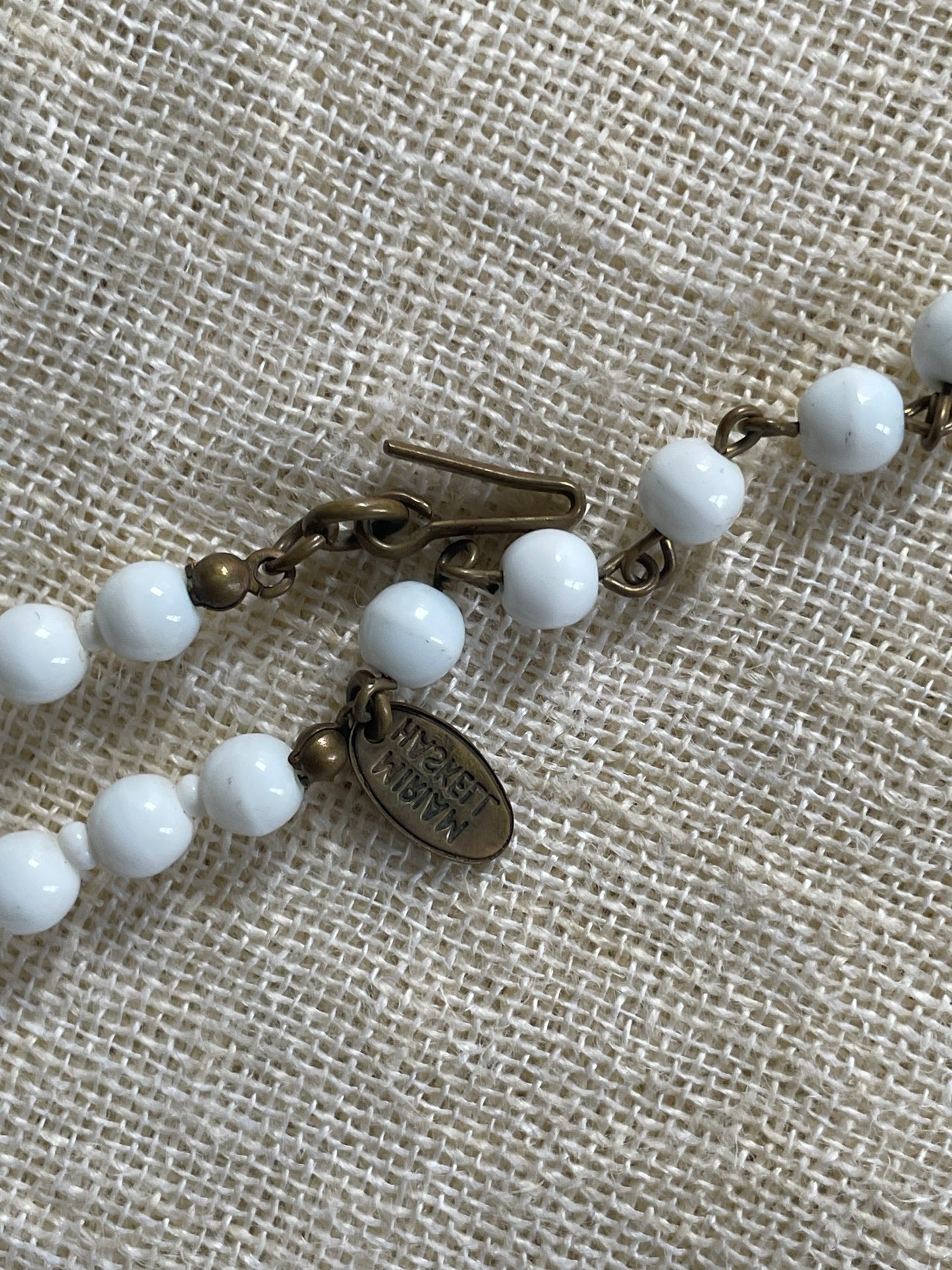 Vintage Miriam Haskell White Milk Glass Beaded Choker Pendant Necklace signed 50s Miram Haskell Jewelry