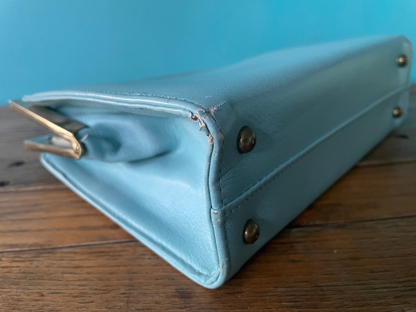 Vintage baby blue top handle 60s Thayer McNeil faux leather vinyl box purse handbag made in USA