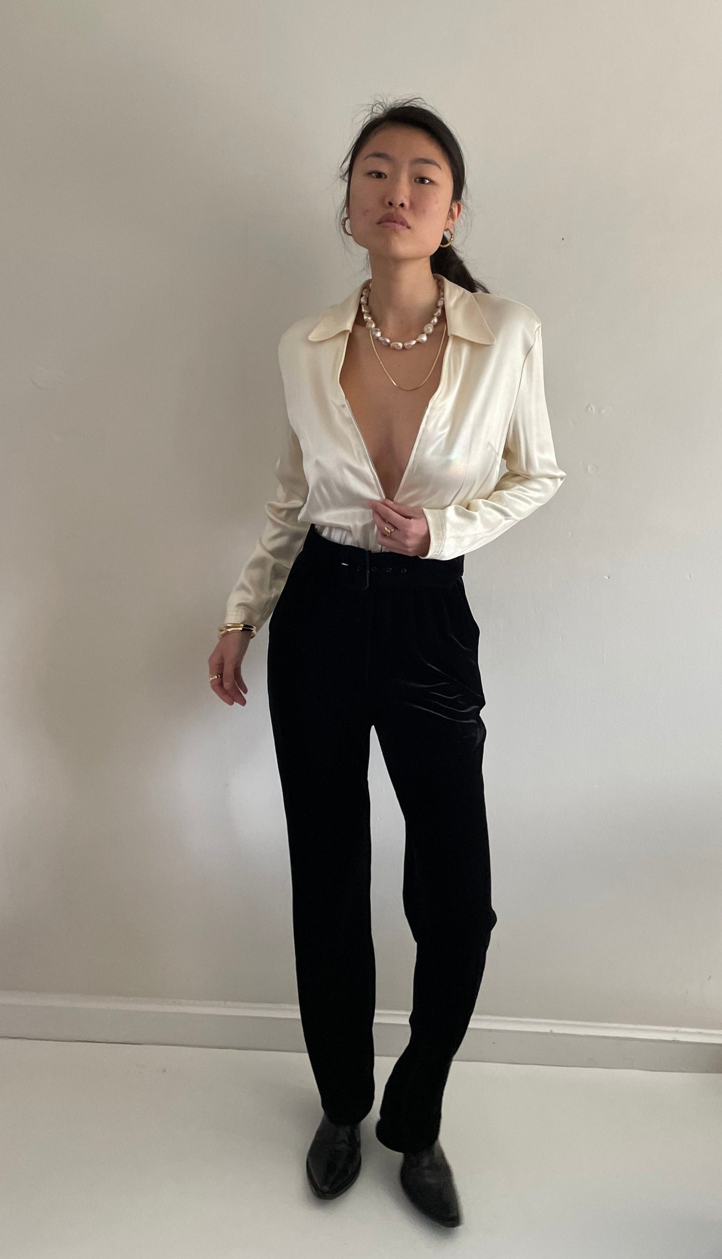 90s Charmeuse + Velvet Tuxedo Wedding Guest Jumpsuit Pant Suit S/M
