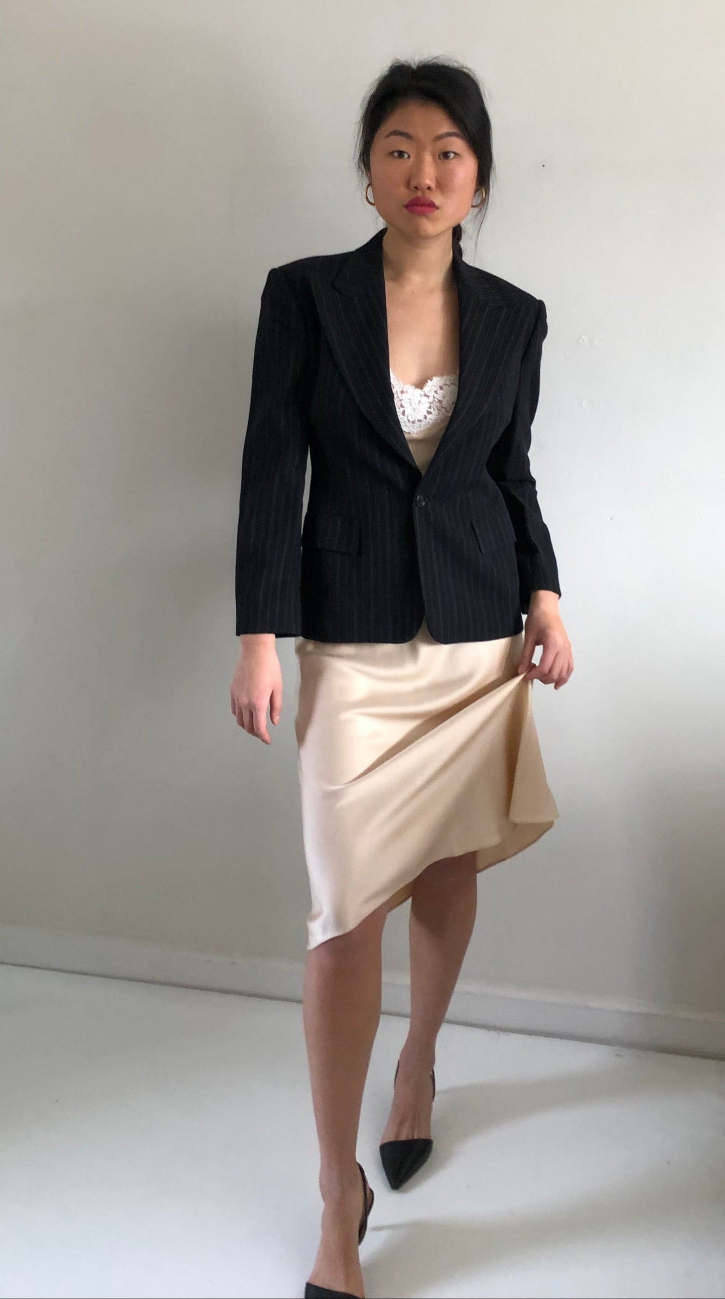 Vintage 90s Ralph Lauren Collection Cropped Pinstripe Black Wool Blazer | Purple Label USA size 10