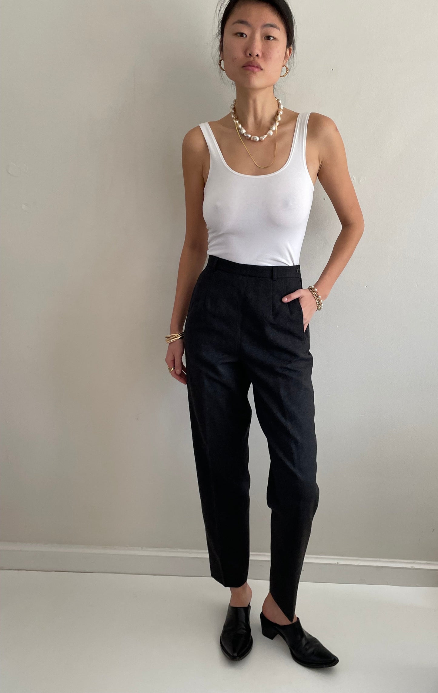 Vintage 90s Wool Pants | Charcoal Gray Flat Front Straight Cigarette Leg Pants | 26 Waist