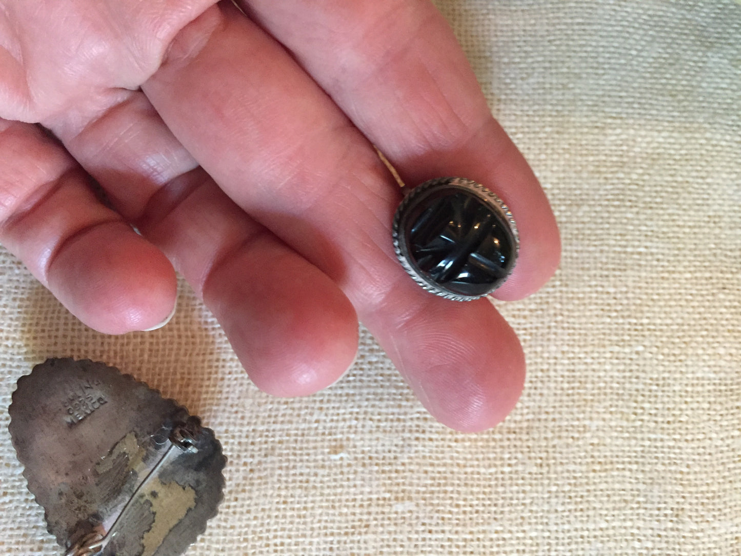 Vintage 50s Carved Onyx Earrings + Pin Brooch Matching Set Taxco Hand Crafted in Mexico Sterling Silver Carved Onyx Set