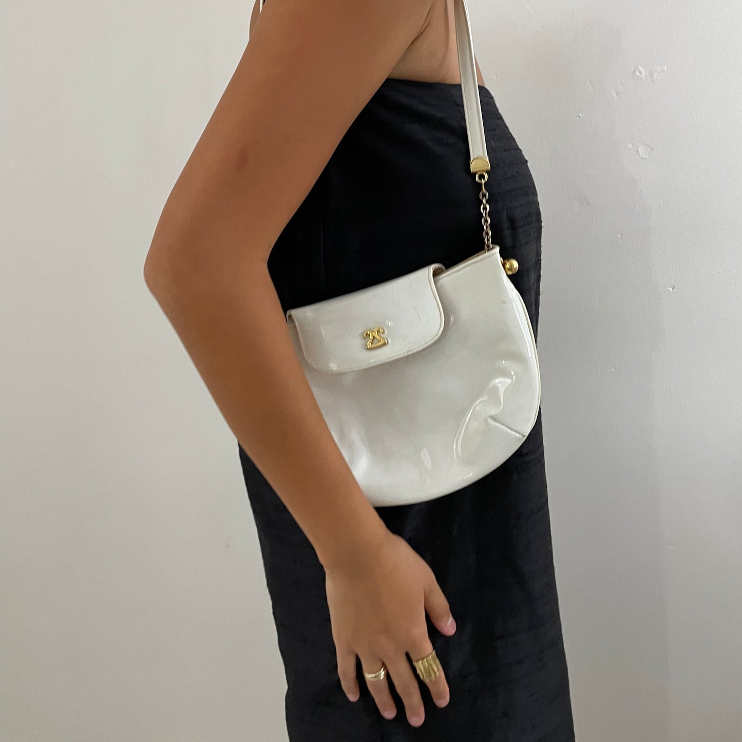 Vintage 60s Marchessa white patent leather shoulder clutch handbag shoulder purse