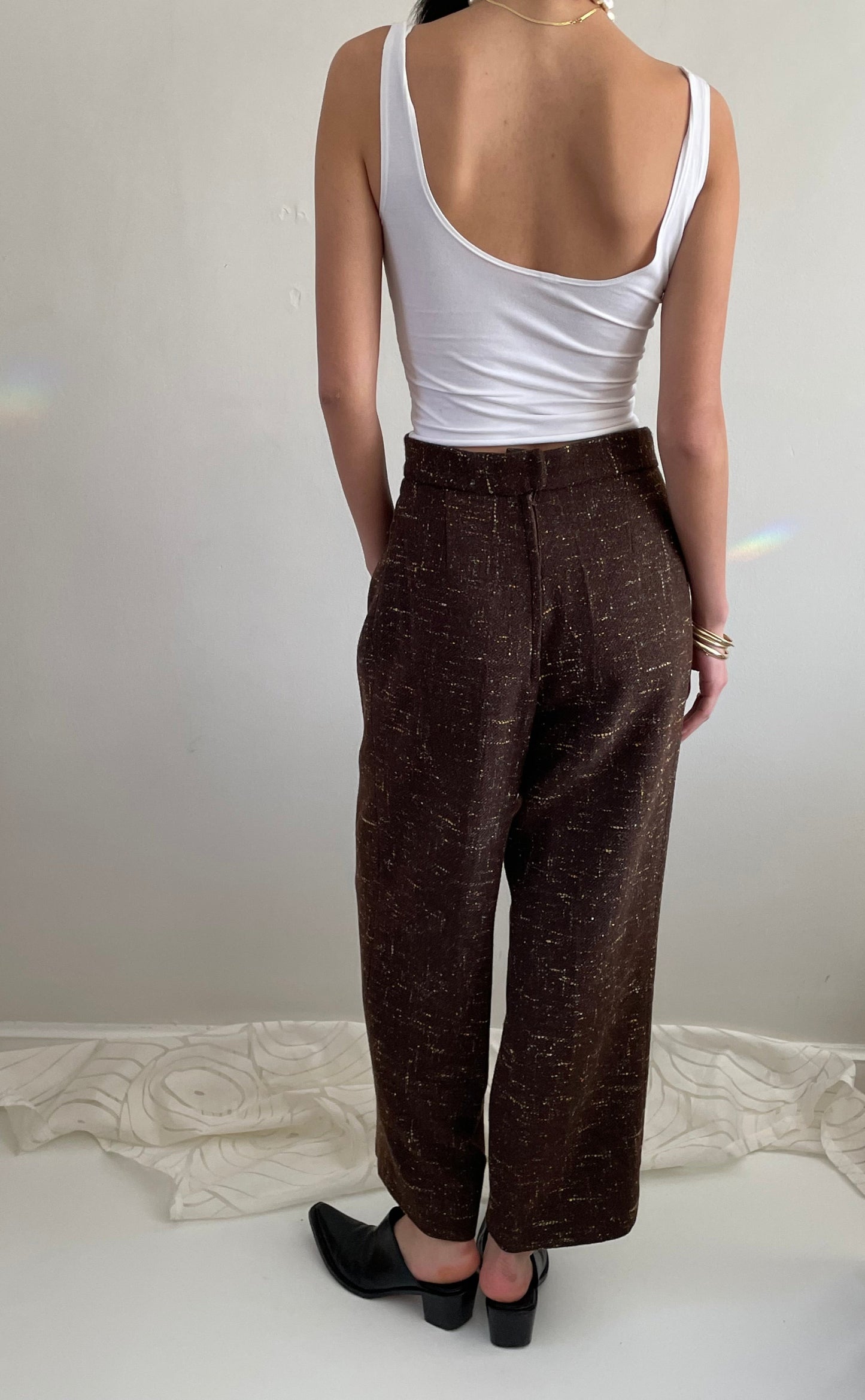 Vintage 90s Tweed Wide Leg Pleated Pants | Brown Wool Speckled Pants size 28 Waist